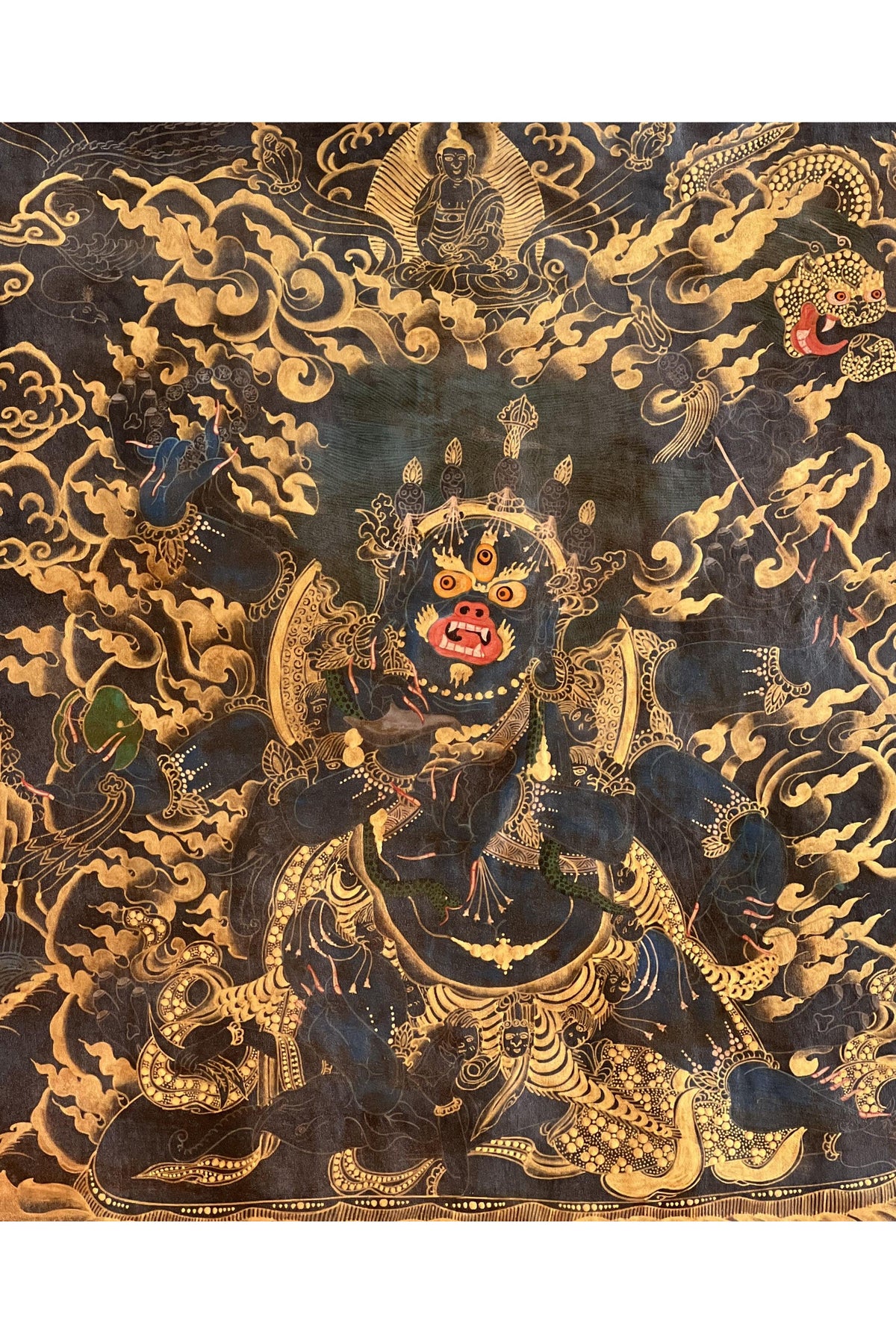 Hand Painted Mahakala Thangka Painting, Black and Gold Tantra Art