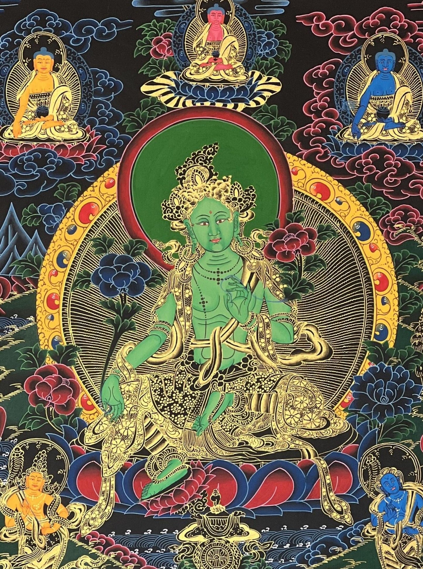 Green Tara Tibetan Thangka with Silk Brocade | Hand Painted Buddhist Meditation Art