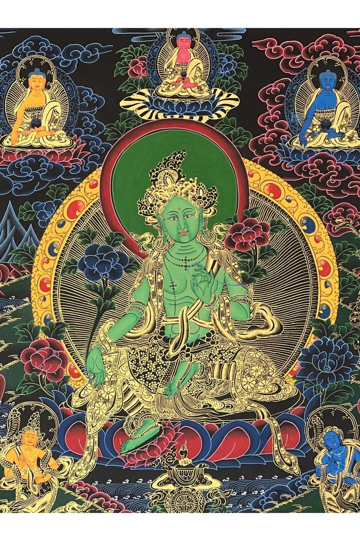 Green Tara Tibetan Thangka with Silk Brocade | Hand Painted Buddhist Meditation Art