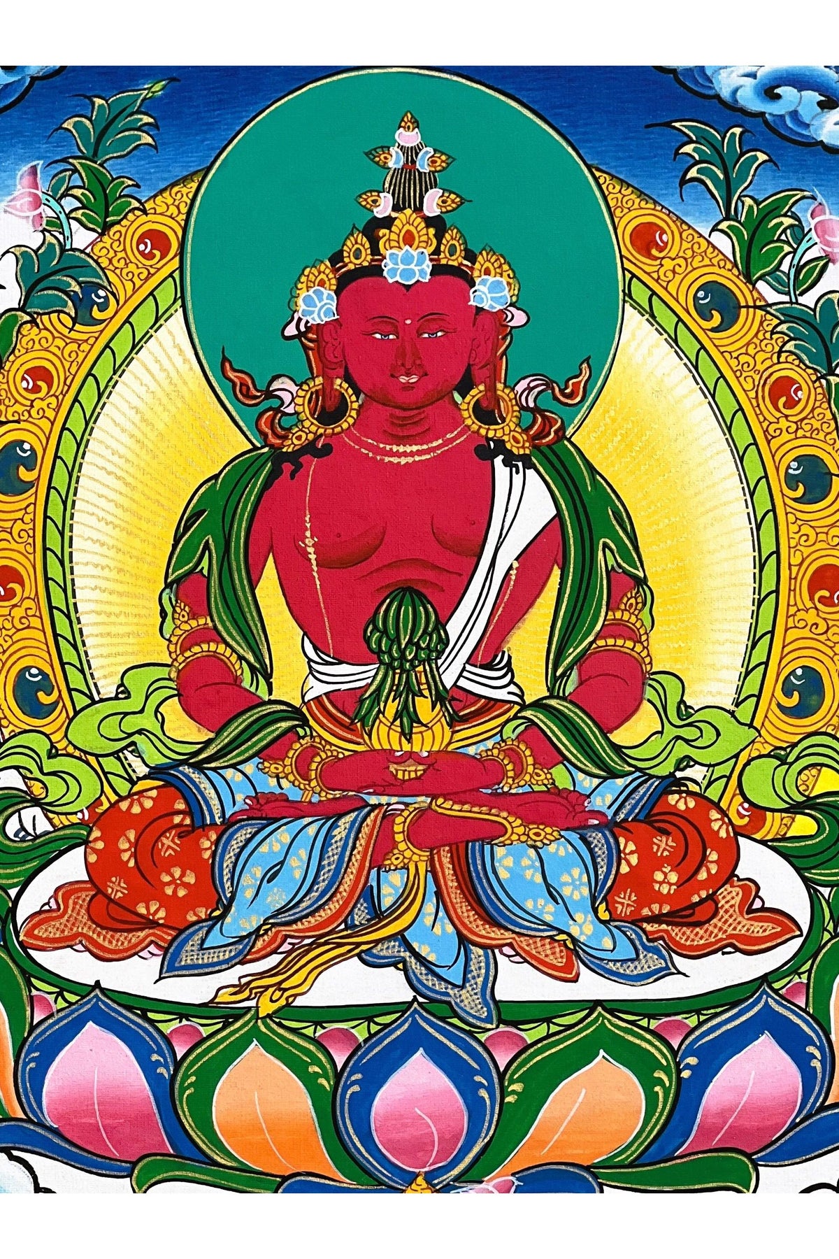 Hand Painted Amitayus Buddha Thangka, Tibetan Silk Wall Hanging