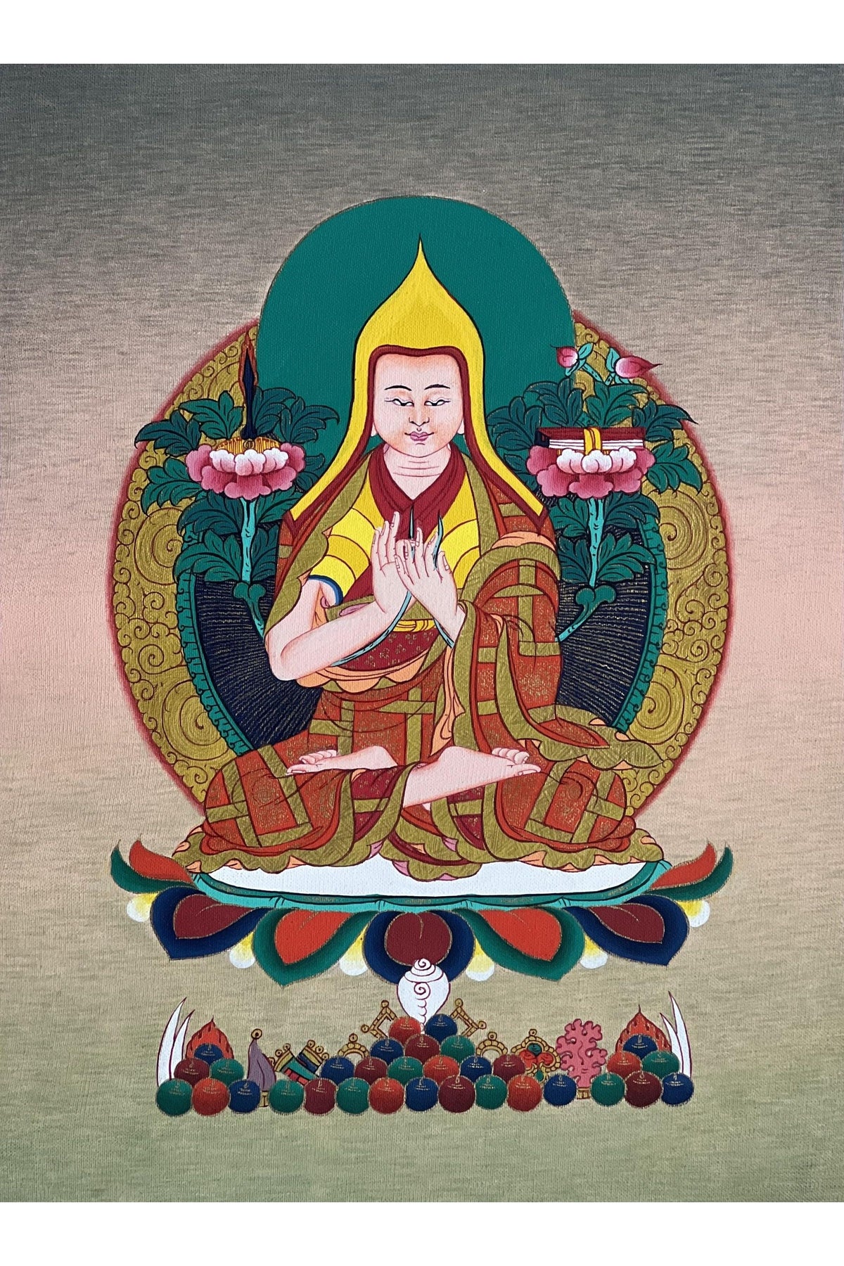 Hand-Painted Tsongkhapa Thangka – Gold Tibetan Art with Silk Brocade
