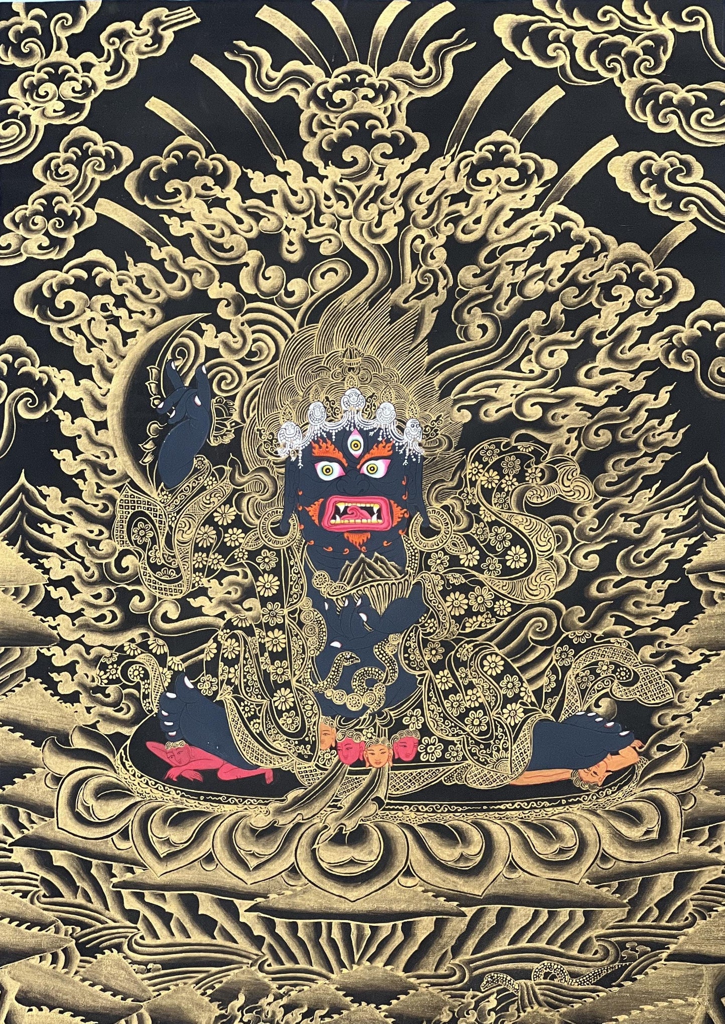 Hand-Painted Mahakala Thangka | Black & Gold Tibetan Art | Silk Brocade Frame | Dharma Defender Wall Hanging