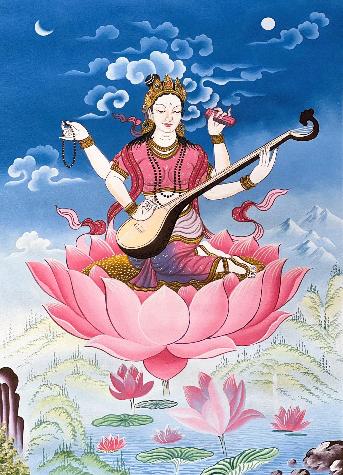 Hand-Painted Saraswati Thangka – Silk Brocade Hindu Goddess Art