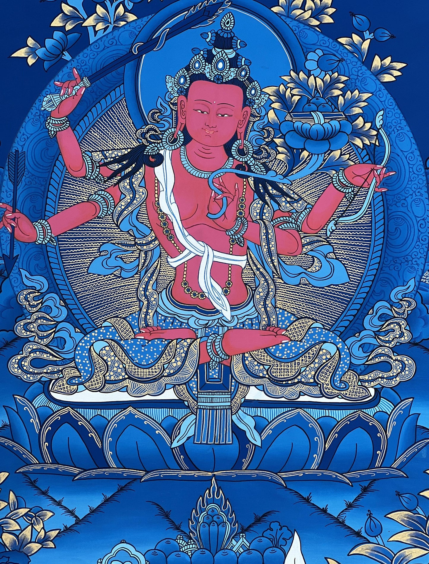 Hand-Painted Red Manjushri Thangka Painting with Silk Brocade