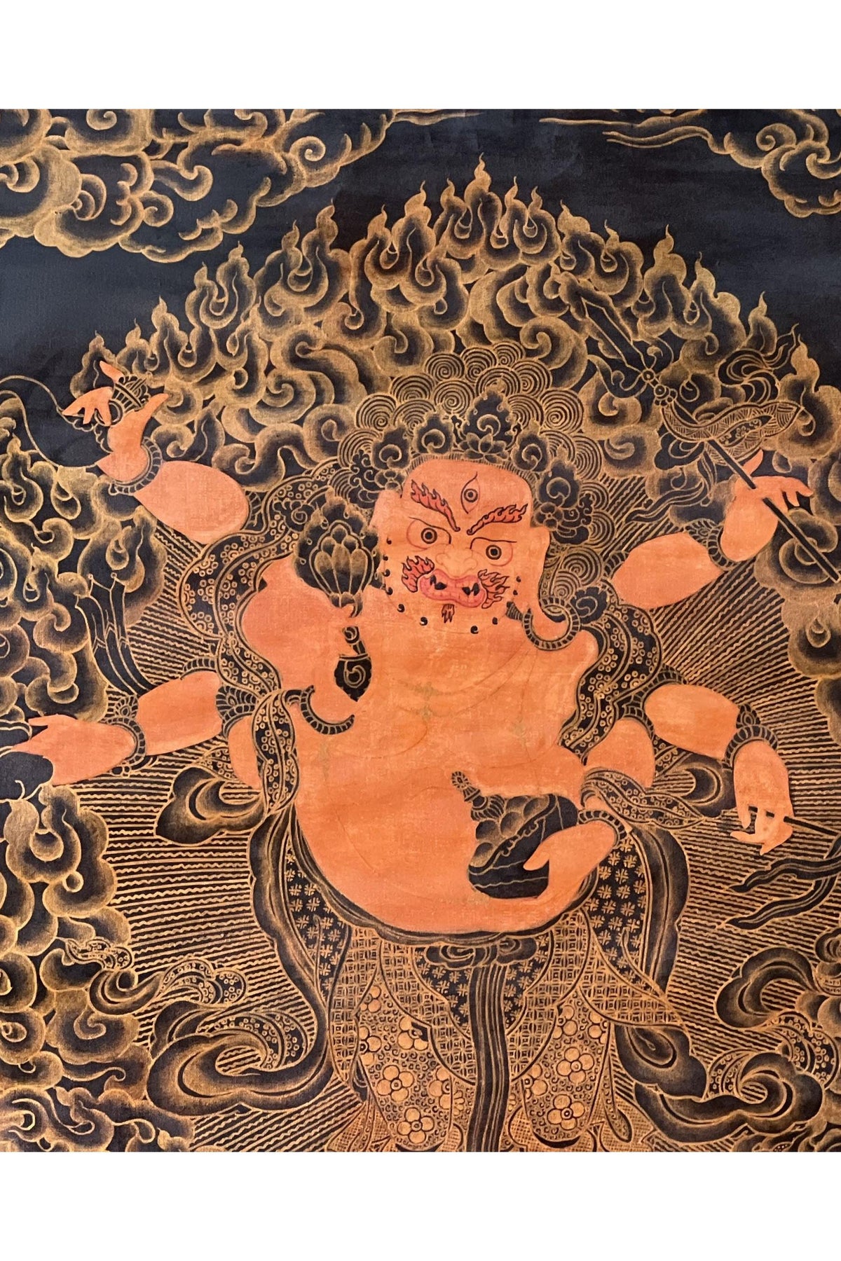 Hand-Painted White Mahakala Thangka Painting with Silk Brocade