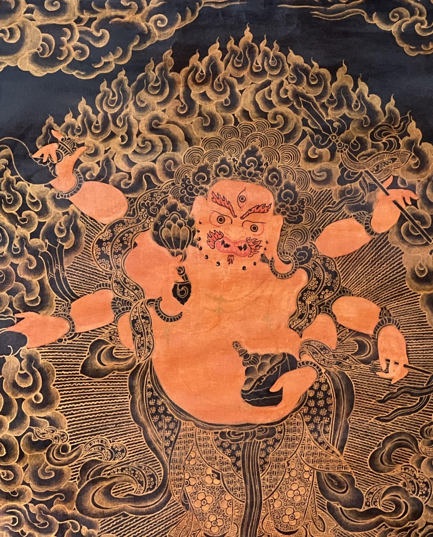 Hand-Painted White Mahakala Thangka Painting with Silk Brocade