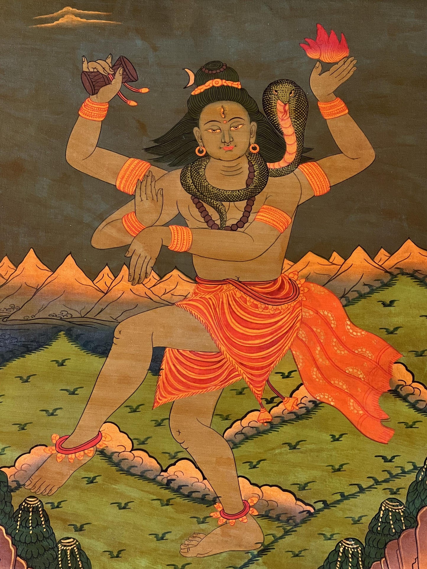Hand-Painted Shiva Thangka Painting with Silk Brocade Frame