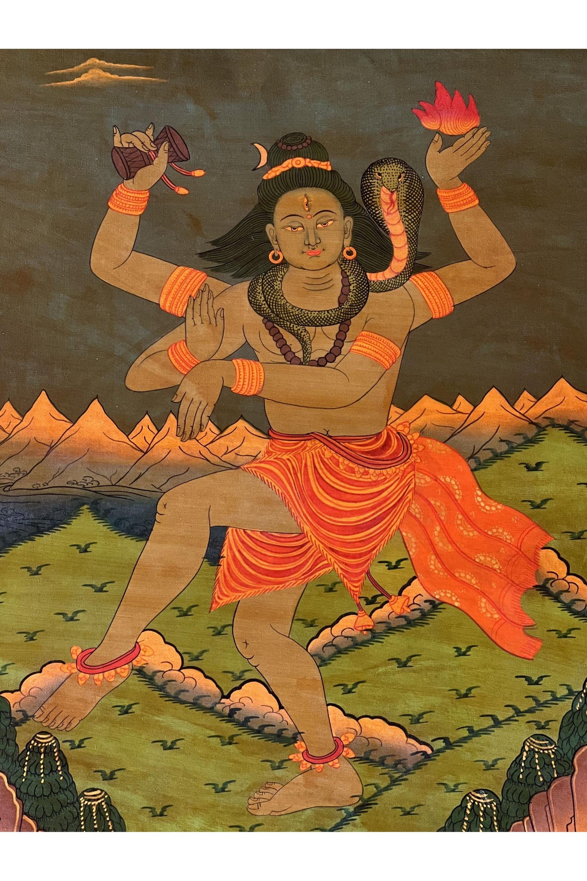 Hand-Painted Shiva Thangka Painting with Silk Brocade Frame