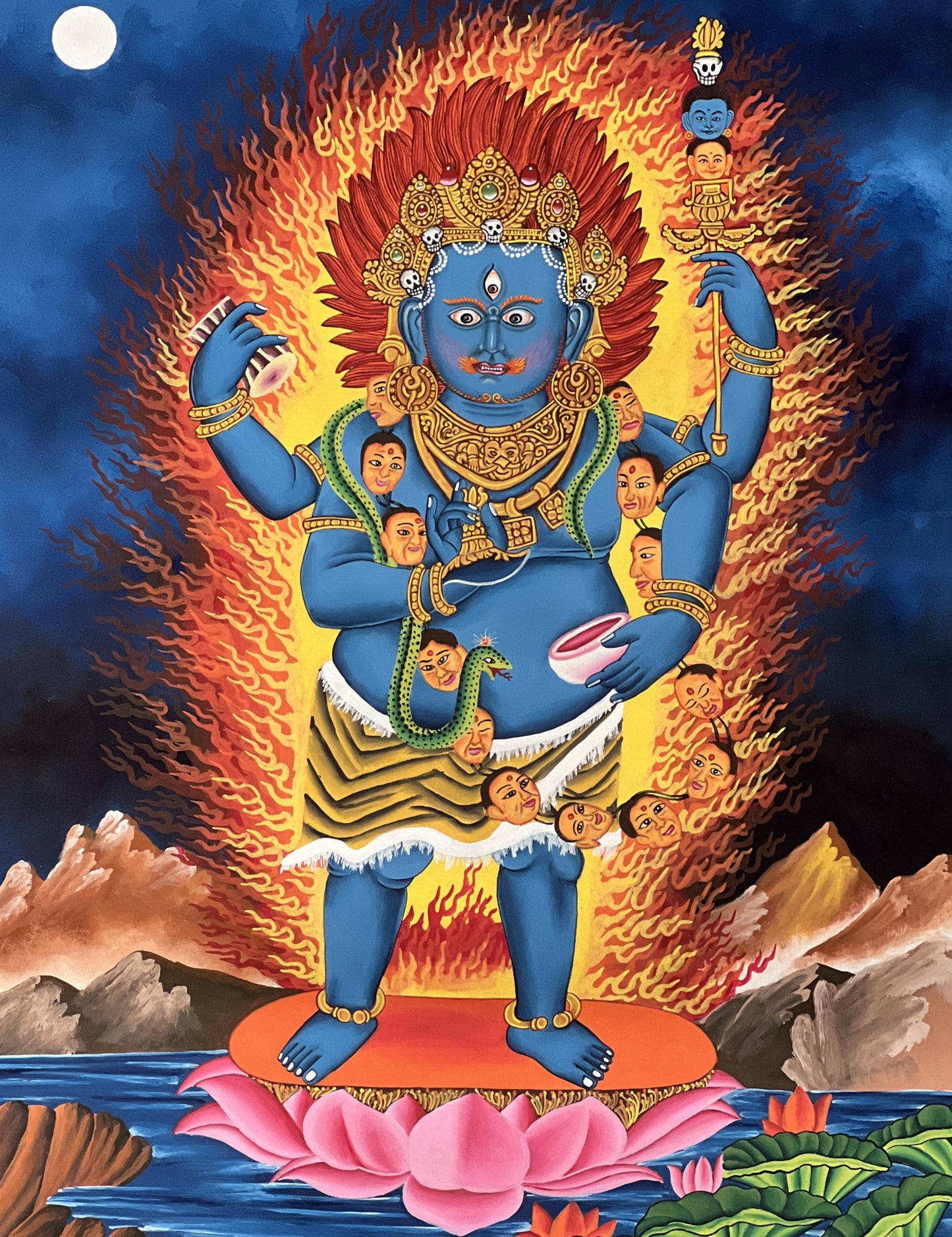 Hand-Painted Mahakala Thangka – Newari Paubha, Silk Brocade