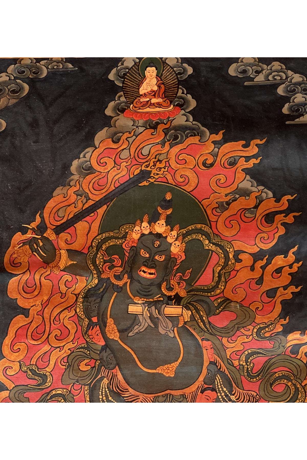 Hand-Painted Black Manjushri Thangka Painting with Silk Brocade