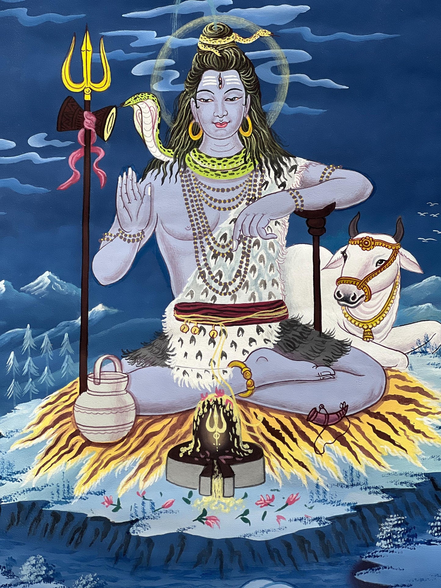 Hand-Painted Shiva Thangka Painting, Framed Silk Brocade Hindu Art