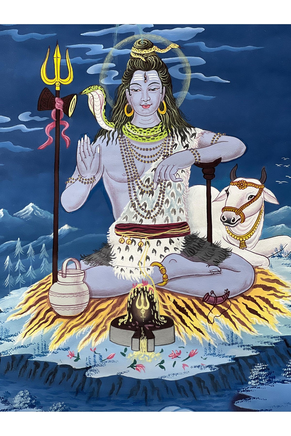 Hand-Painted Shiva Thangka Painting, Framed Silk Brocade Hindu Art