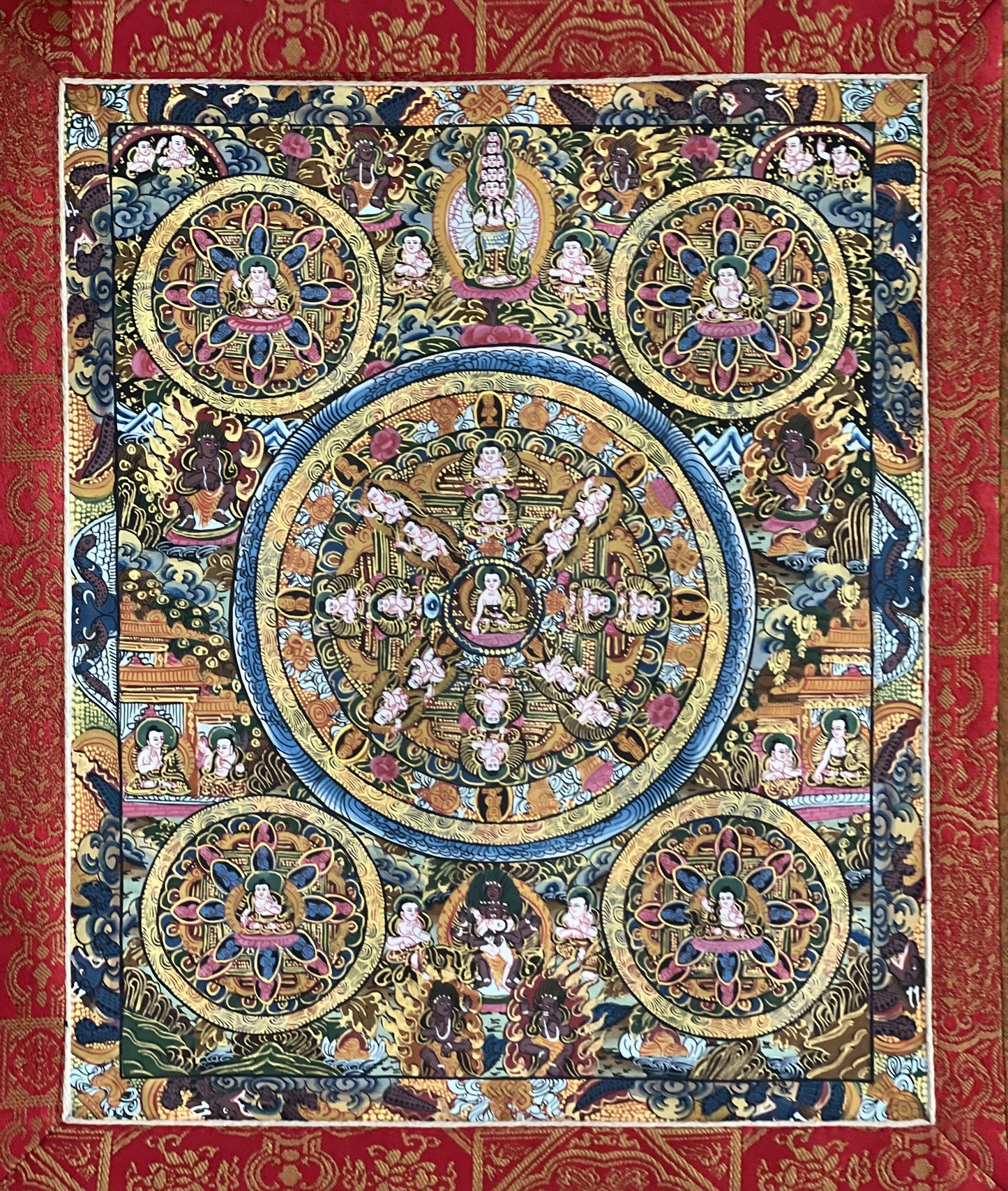 Hand-Painted Five Buddha Mandala Thangka Painting with Silk Border