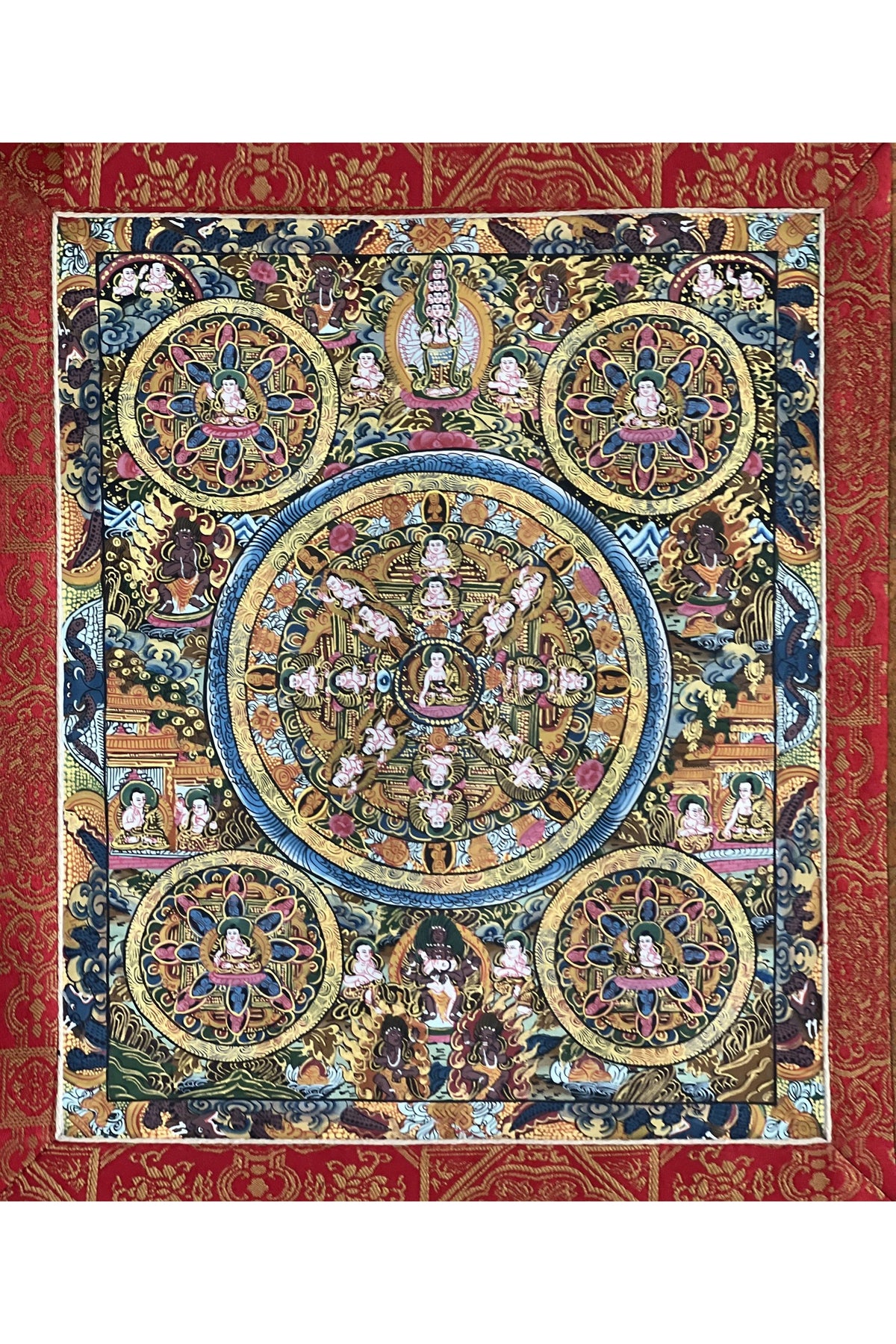 Hand-Painted Five Buddha Mandala Thangka Painting with Silk Border