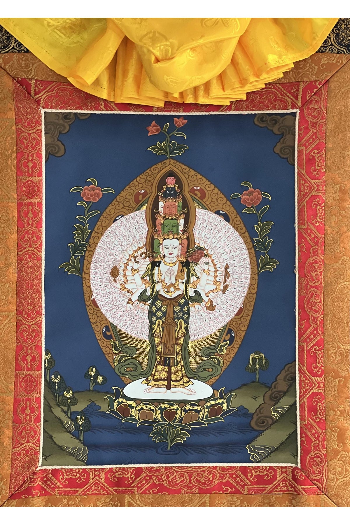 Hand-Painted Avalokiteshvara Thangka Painting with Silk Brocade