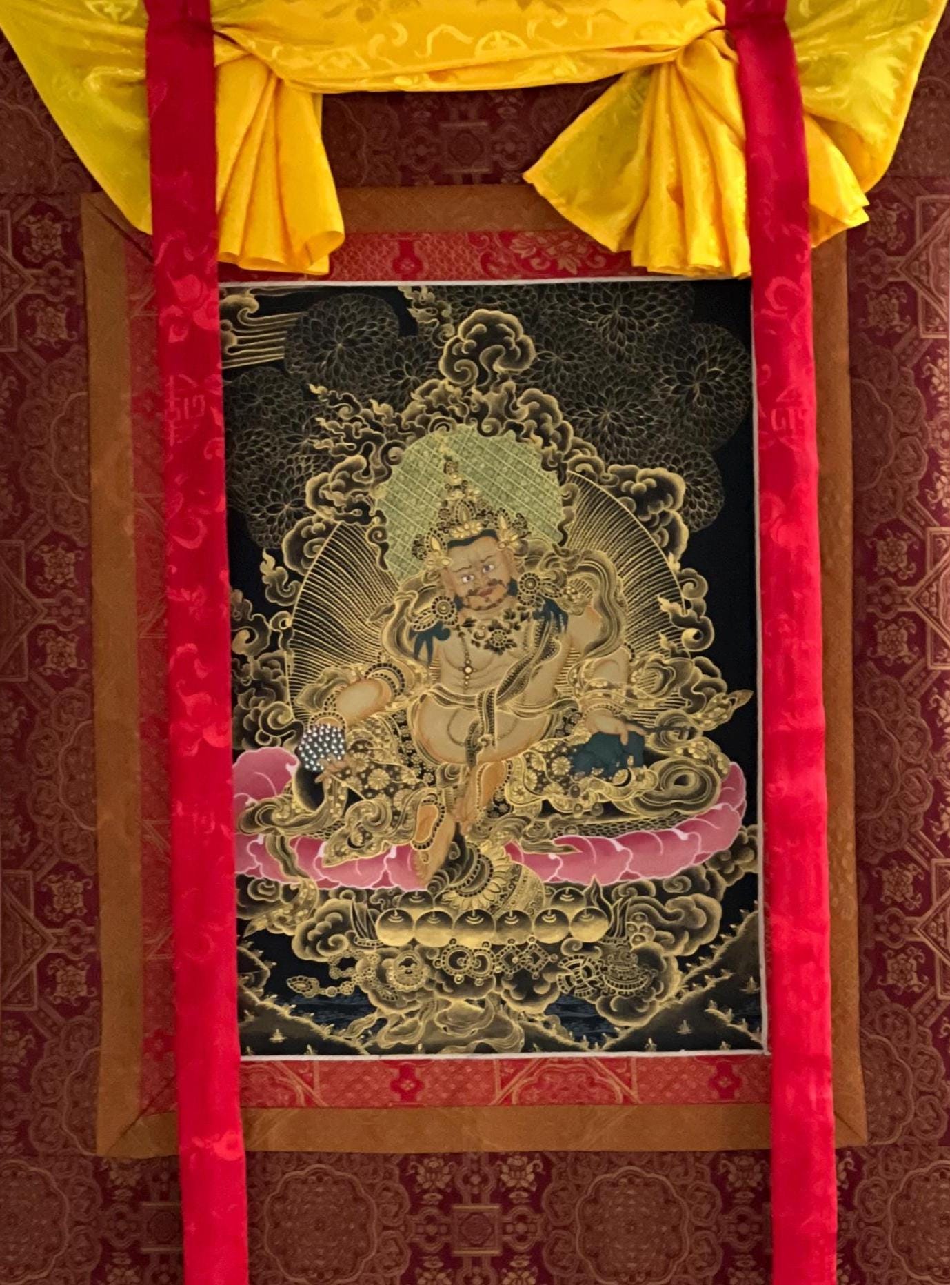 Hand Painted Kubera Zambala Thangka, God of Wealth with Silk Brocade