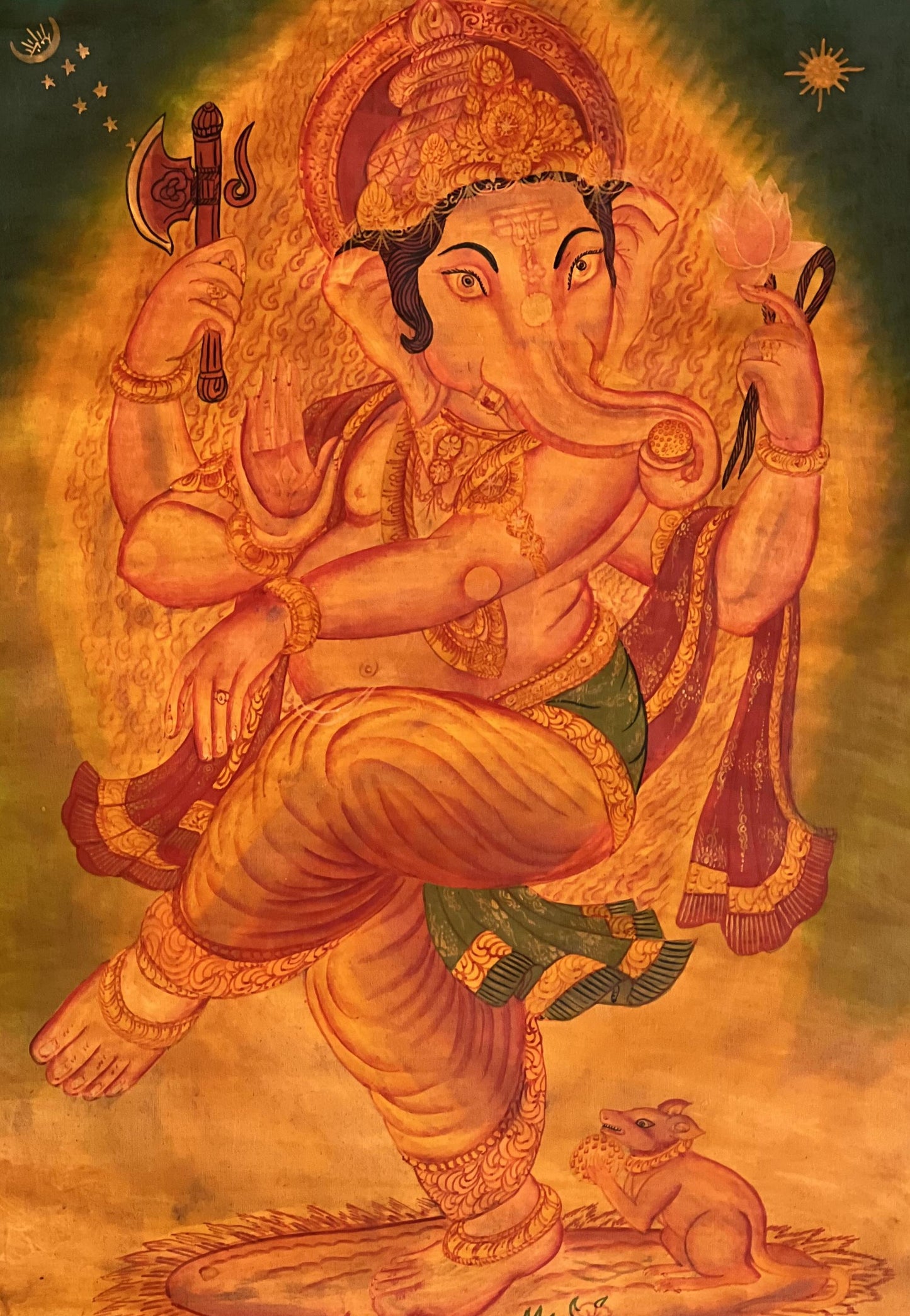 Hand-Painted Lord Ganesha Thangka – Newari Paubha, Silk Brocade