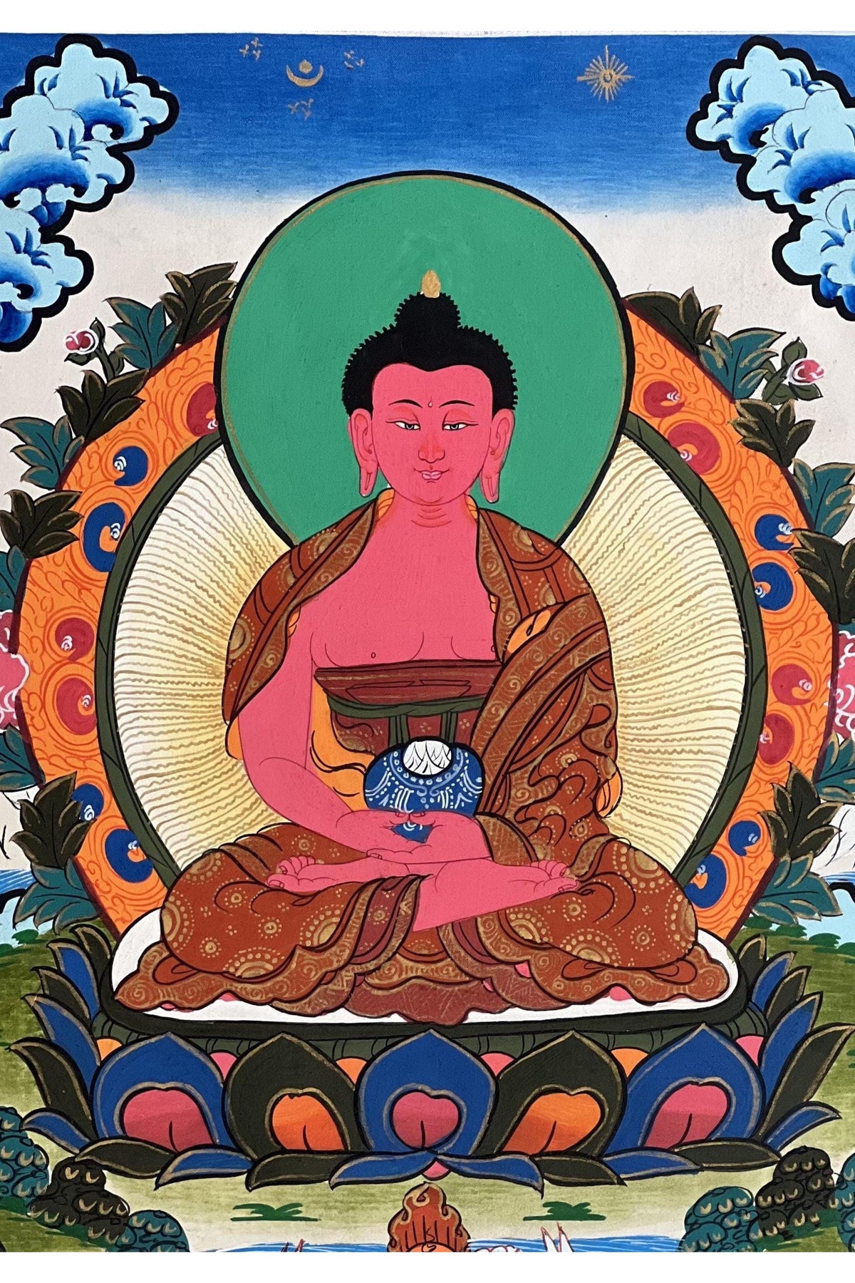 Hand-Painted Amitabha Buddha Thangka with Silk Brocade