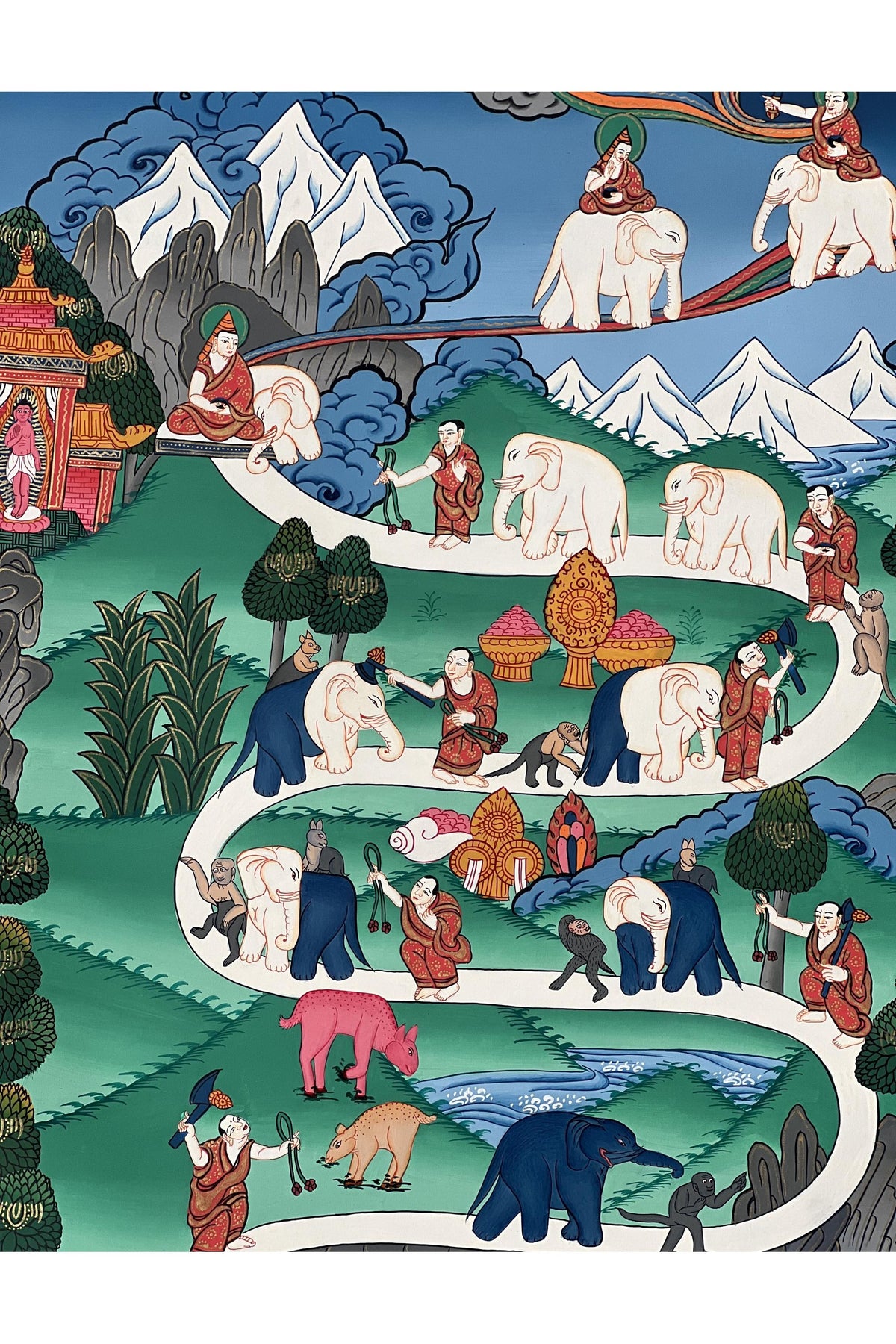 Hand-Painted Tibetan Thangka - Samatha Meditation Elephant Path Art - Large Compassion Meditation Painting