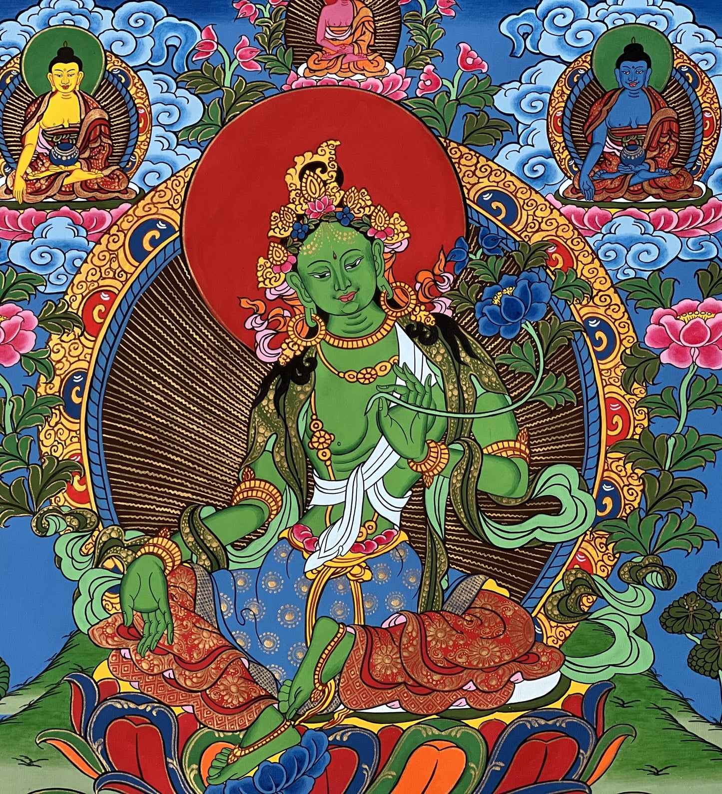 Hand-Painted Green Tara Thangka, Tibetan Buddhist Art, Fortune Goddess (15x20)