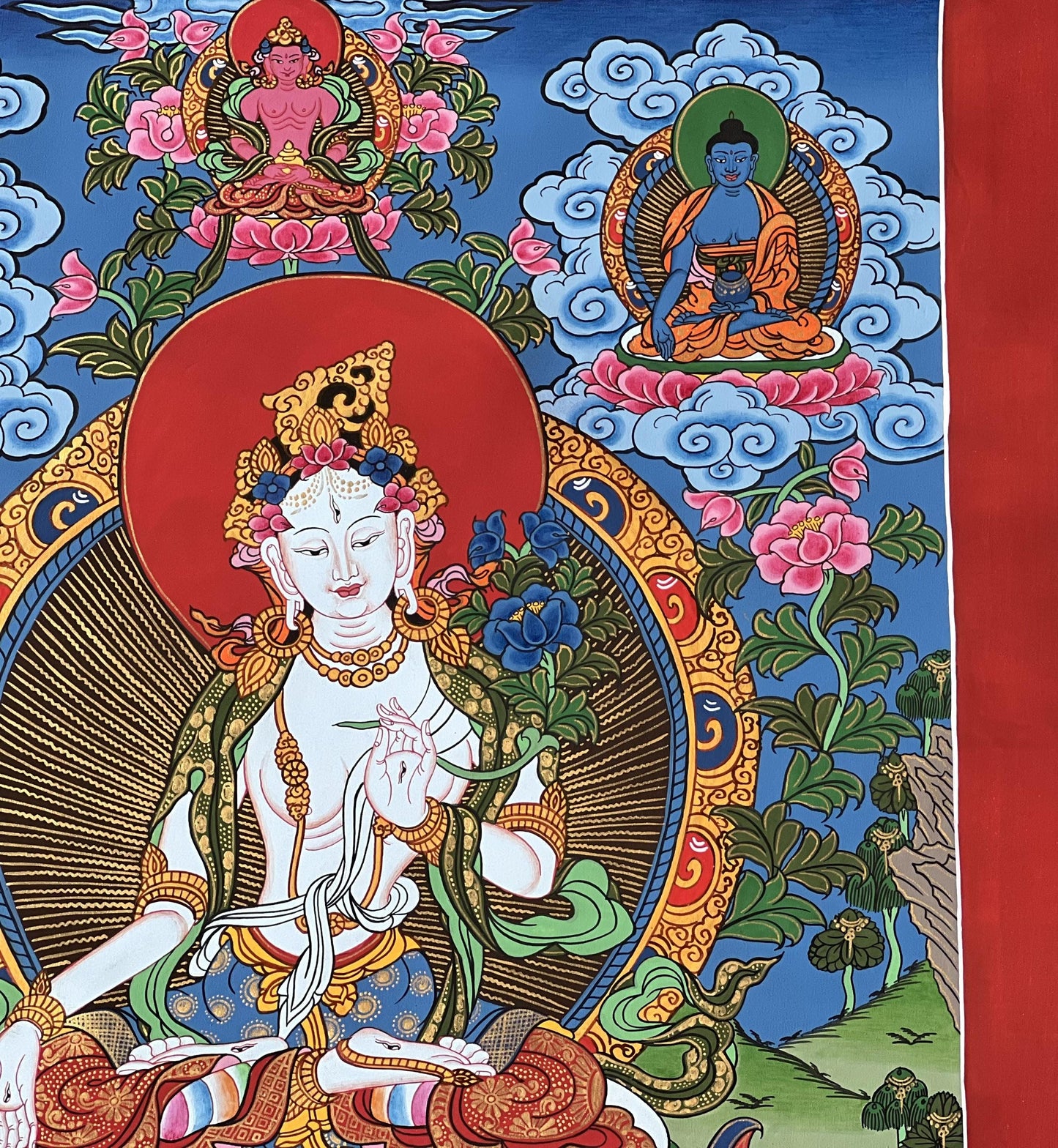 White Tara Thangka Painting with Silk Brocade - Tibetan Compassion Art