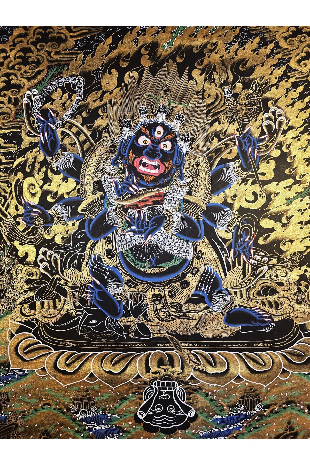 Hand-Painted Six-Armed Mahakala Thangka, Black and Gold Tibetan Art