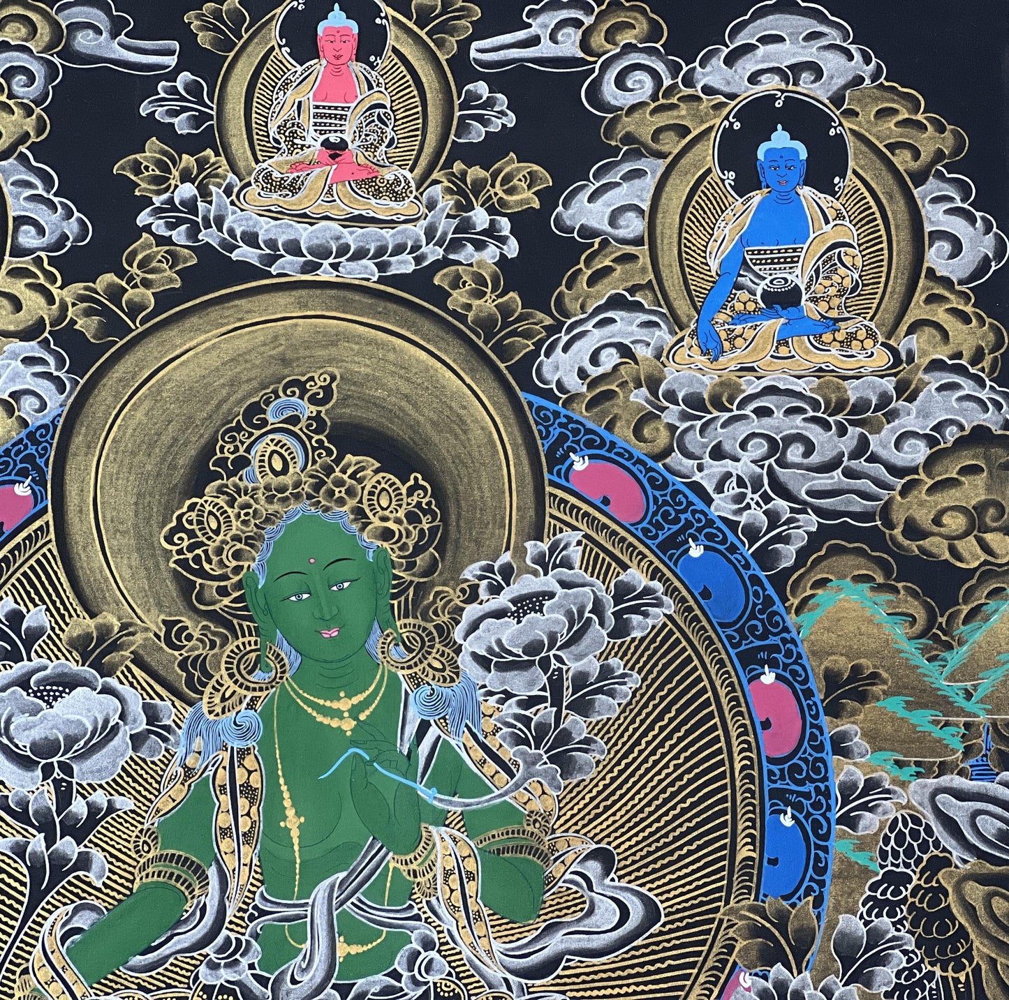 Green Tara Thangka with Silk Brocade | Hand-Painted Tibetan Goddess Art