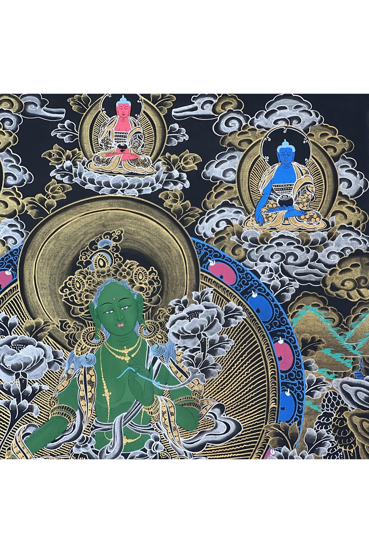 Green Tara Thangka with Silk Brocade | Hand-Painted Tibetan Goddess Art