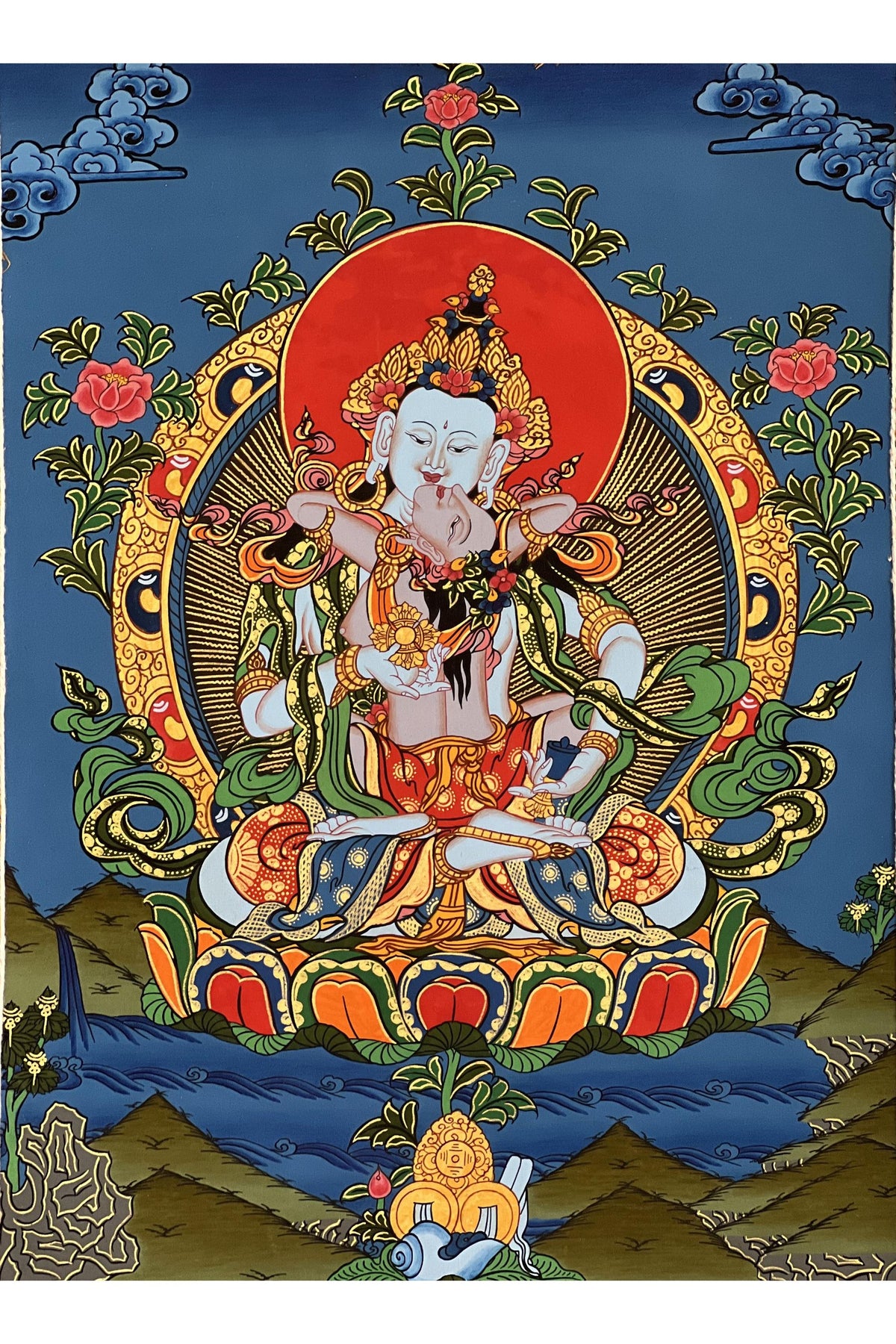 Hand-Painted Vajrasattva Thangka Painting with Silk Brocade