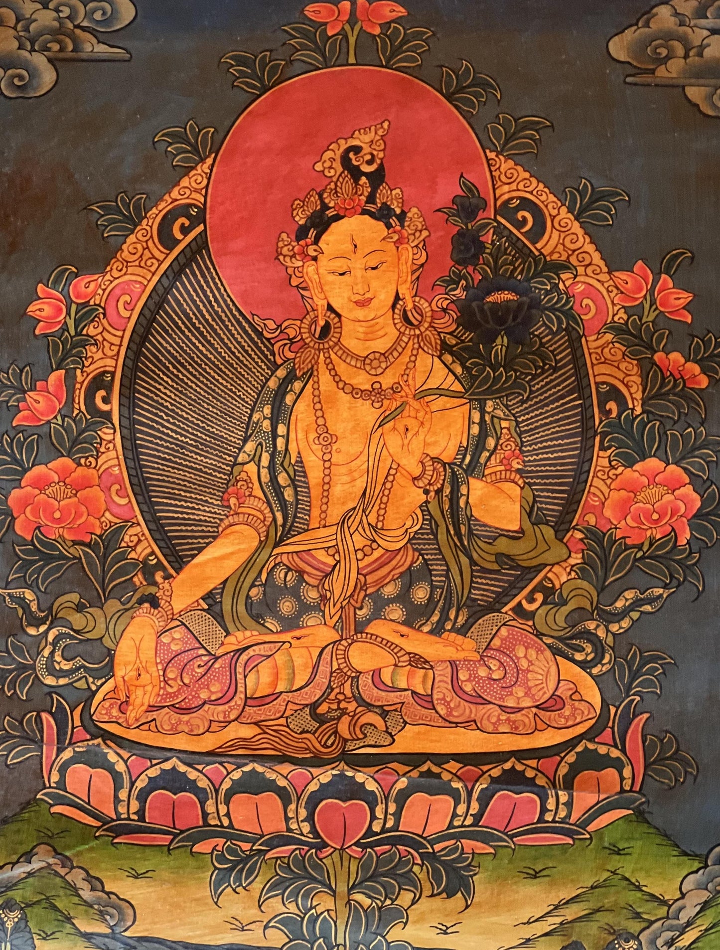White Tara Thangka Painting, Original Oil-Varnished Tibetan Art