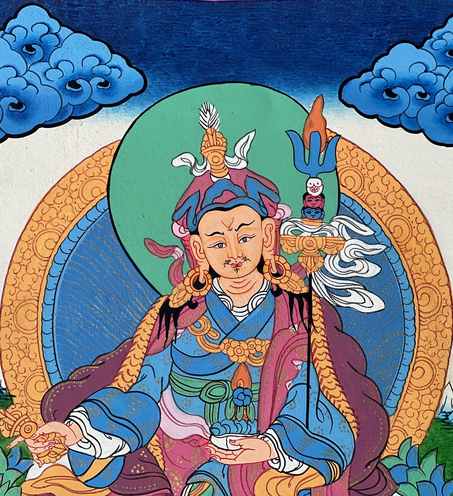 Original Hand-painted Padmasambhava Guru Rinpoche Master Quality Tibetan Thangka Painting with Silk Brocade