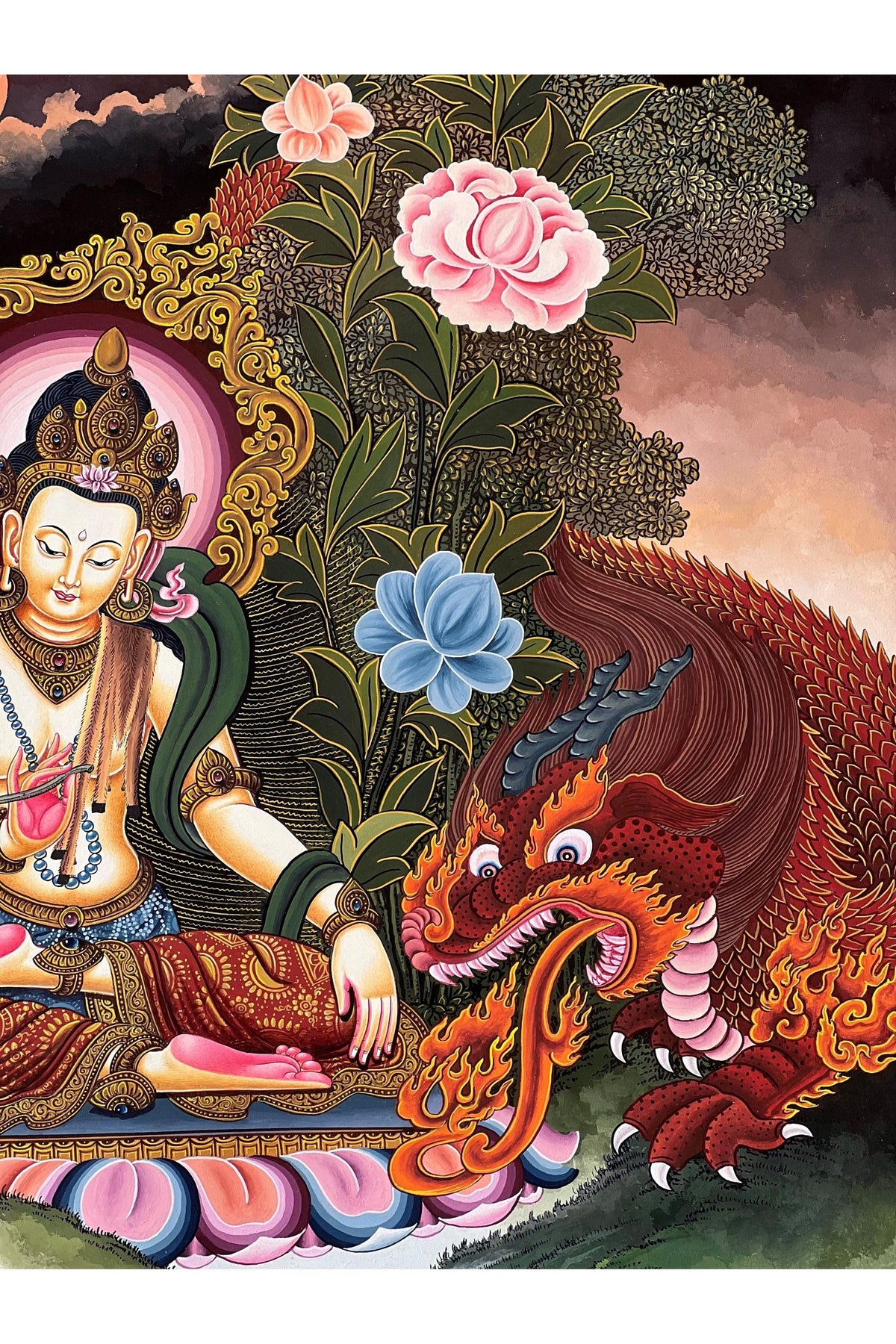 Bodhisattva Dragon Thangka |Original Hand-Painted Tibetan Buddhist Art | Spiritual Wisdom & Protection Decor