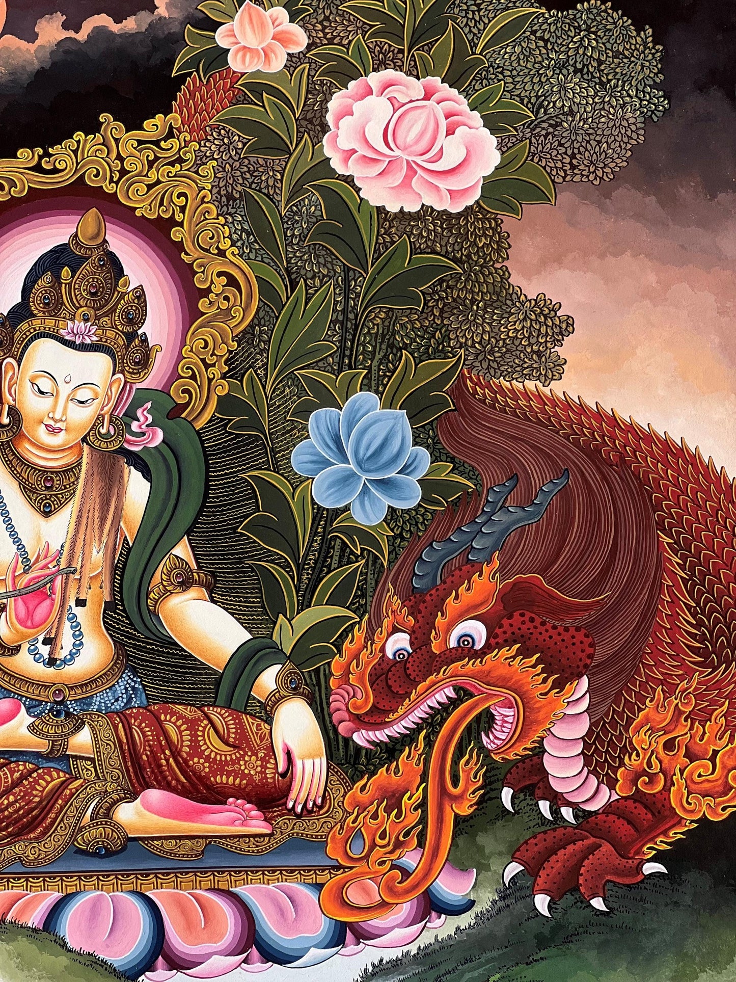 Bodhisattva Dragon Thangka |Original Hand-Painted Tibetan Buddhist Art | Spiritual Wisdom & Protection Decor