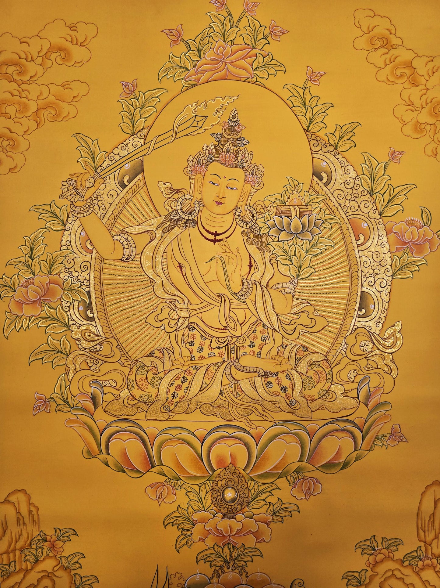 Original Hand-Painted Manjushri Thangka | Bodhisattva of Wisdom | Manjusri/Manjushree/Jampelyang Tibetan Wall Hanging Masterpiece