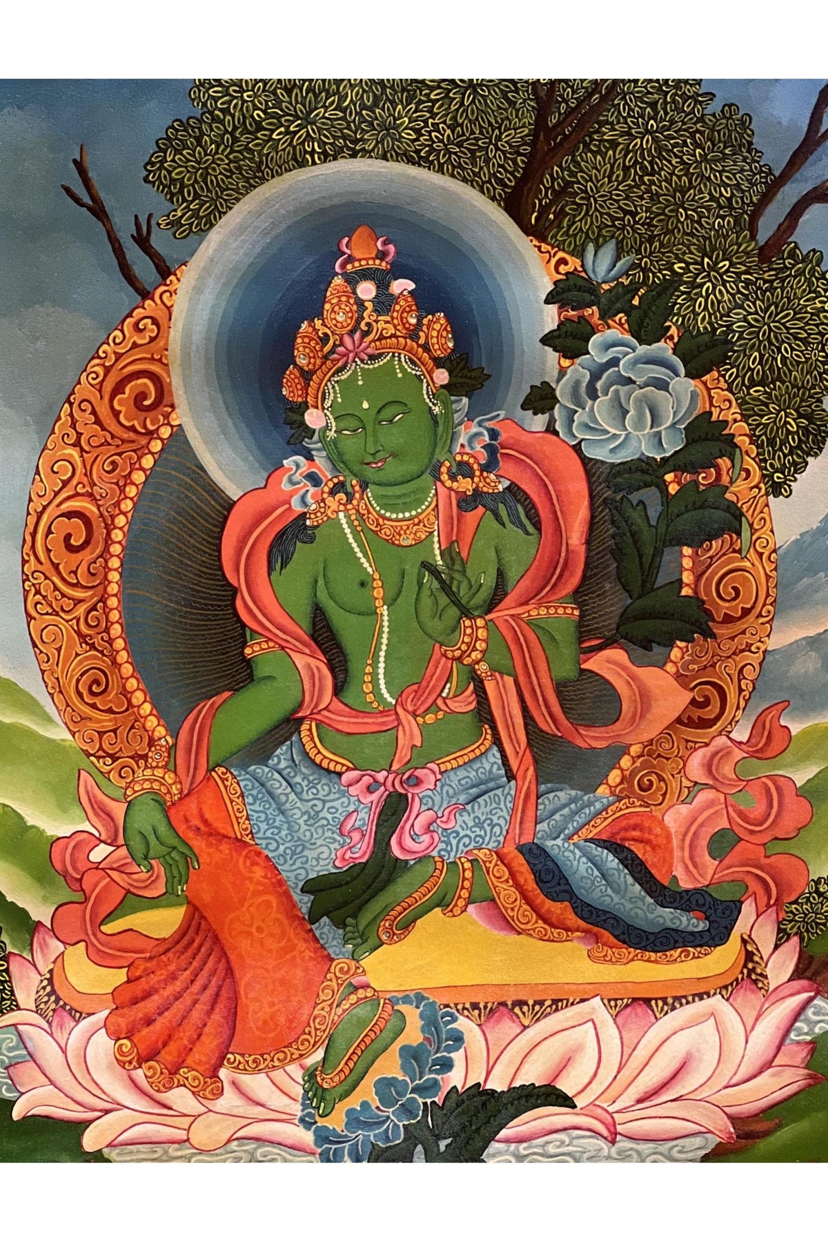 Green Tara Thangka Painting | Hand-Painted Newari Paubha Art with Silk Brocade