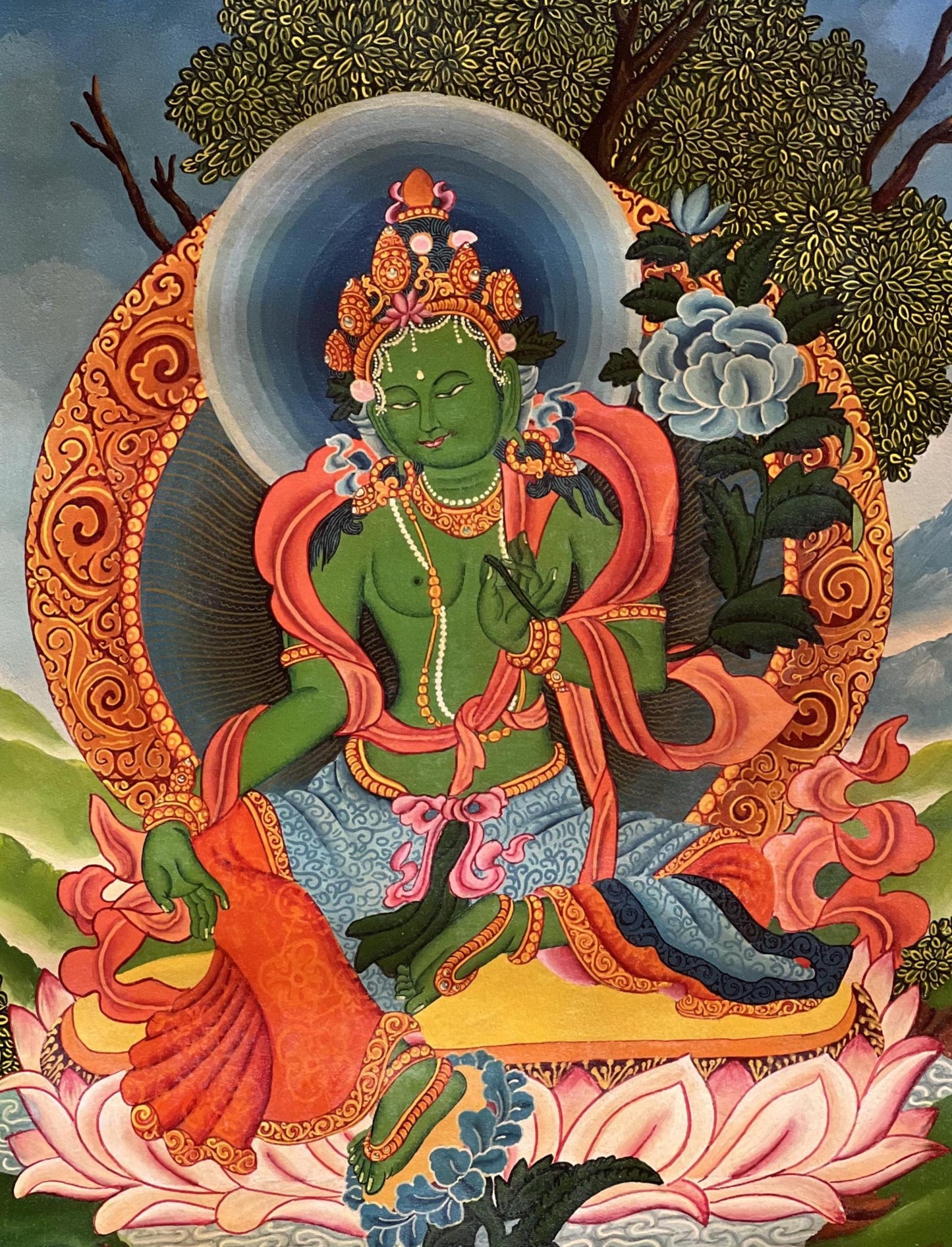 Green Tara Thangka Painting | Hand-Painted Newari Paubha Art with Silk Brocade