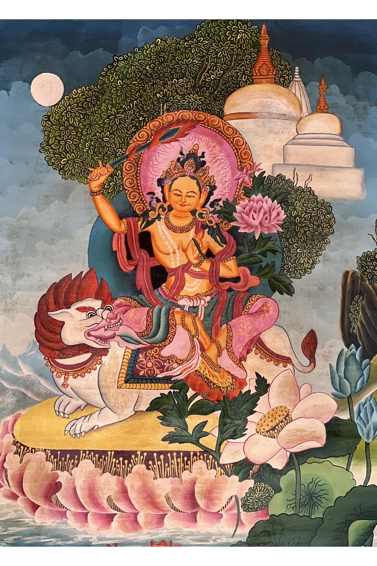 Lion Manjushri Thangka Painting, Silk Brocade, Newari Paubha Art