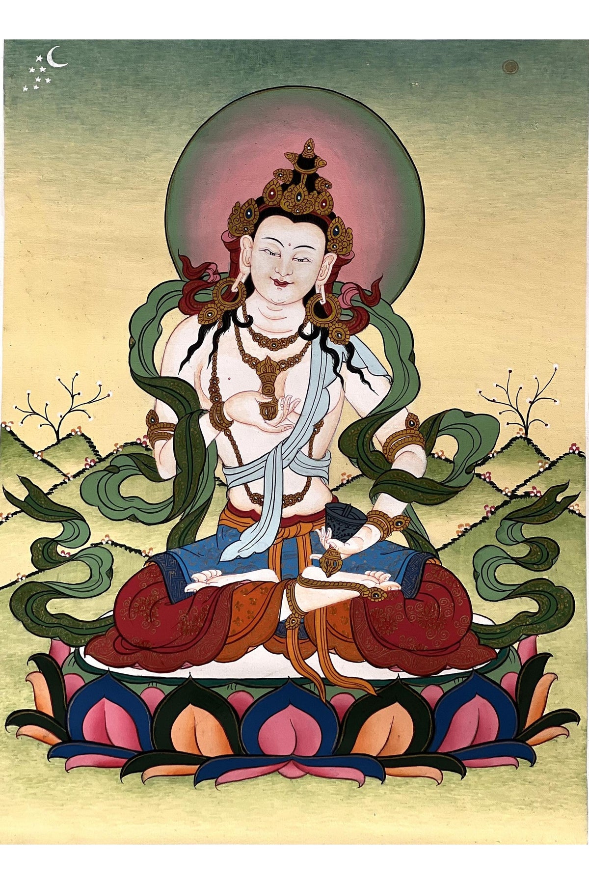Hand-Painted Vajrasattva Buddha Thangka - Gold Detail Silk Brocade