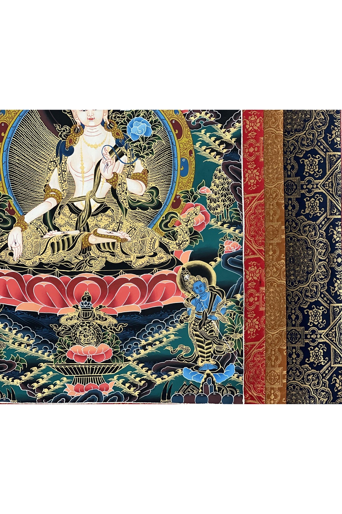 Hand-Painted White Tara Thangka, Silk Brocade, Tibetan Buddhist Art