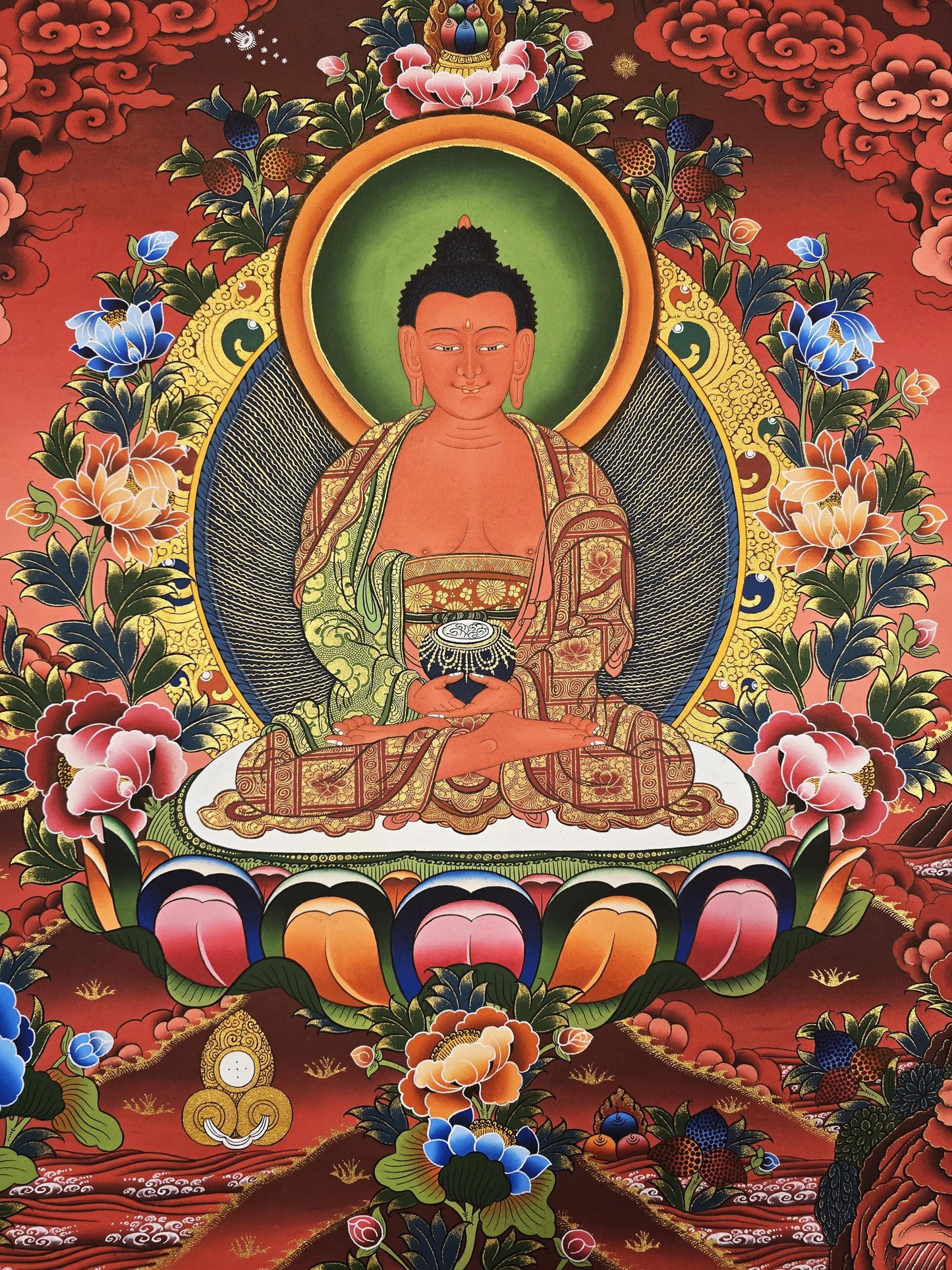 Original Tibetan Thangka of Amitabha Buddha – Hand-Painted Gold Masterpiece for Compassion and Meditation