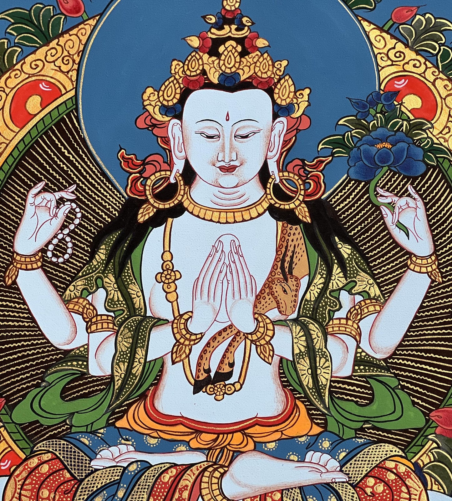Hand-Painted Chenrezig Thangka, Tibetan Buddhist Art from Nepal