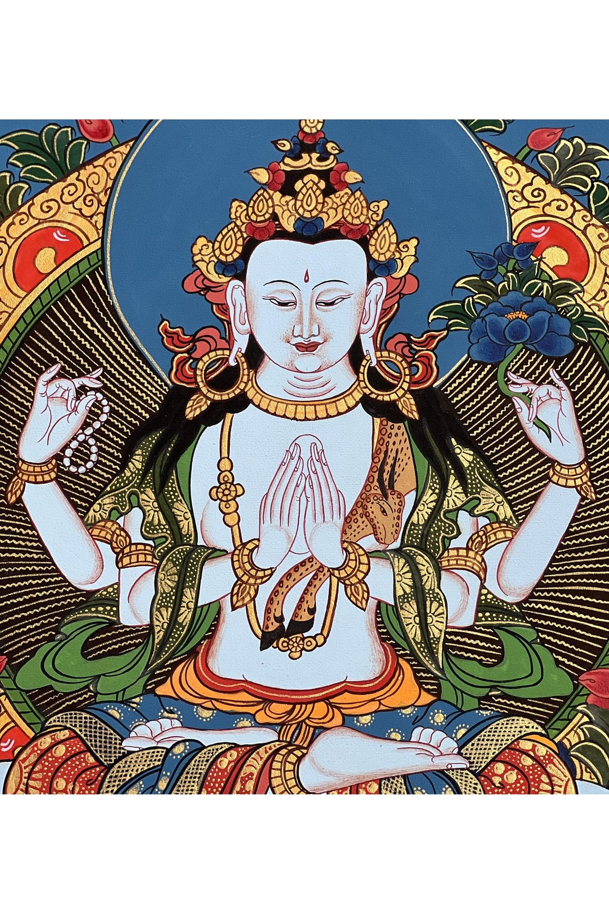 Hand-Painted Chenrezig Thangka, Tibetan Buddhist Art from Nepal