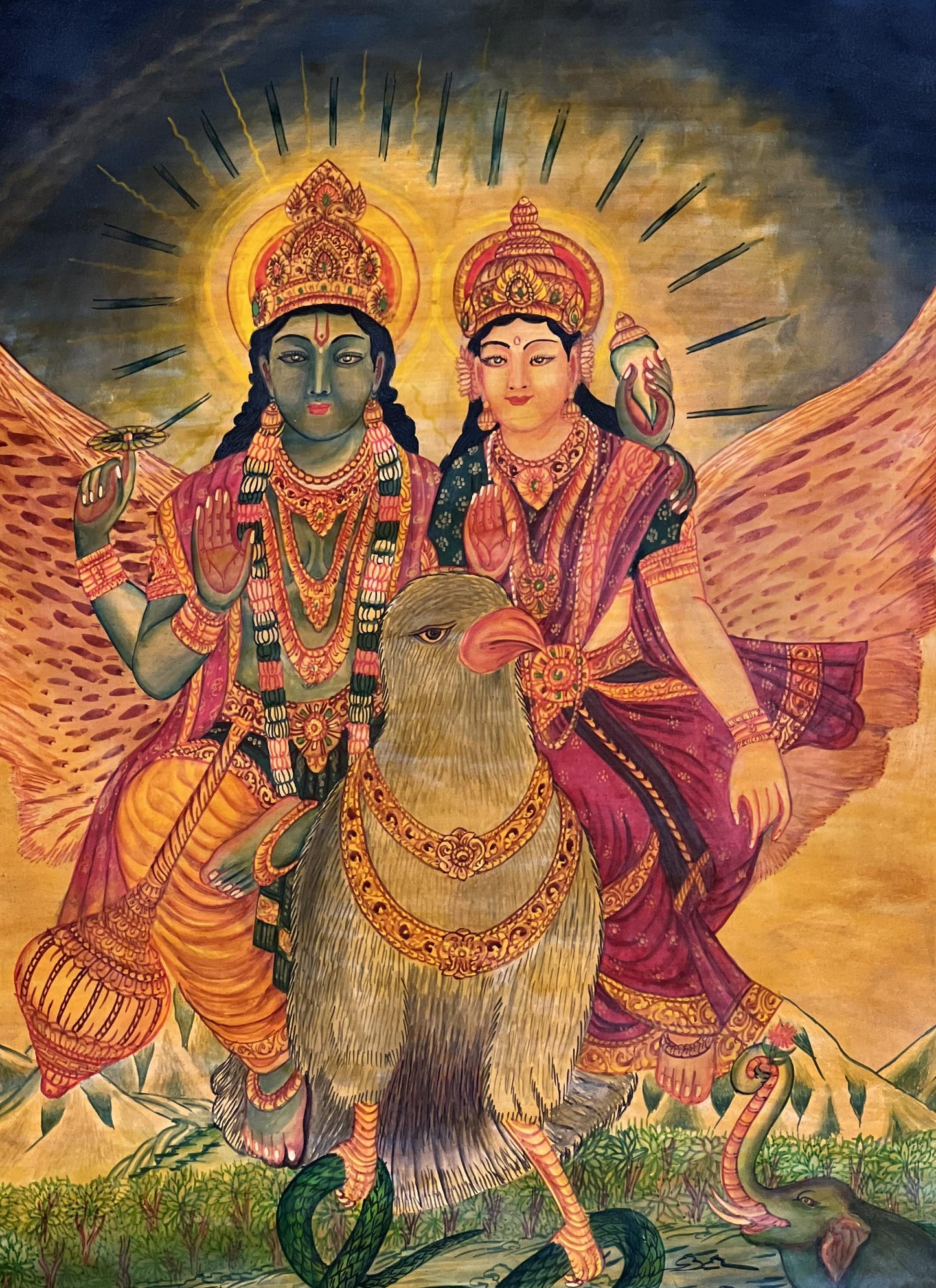 Hand-Painted Lakshmi Narayana on Garuda Newari Paubha Thangka - Hindu Vishnu Lakshmi Art Oil Varnished
