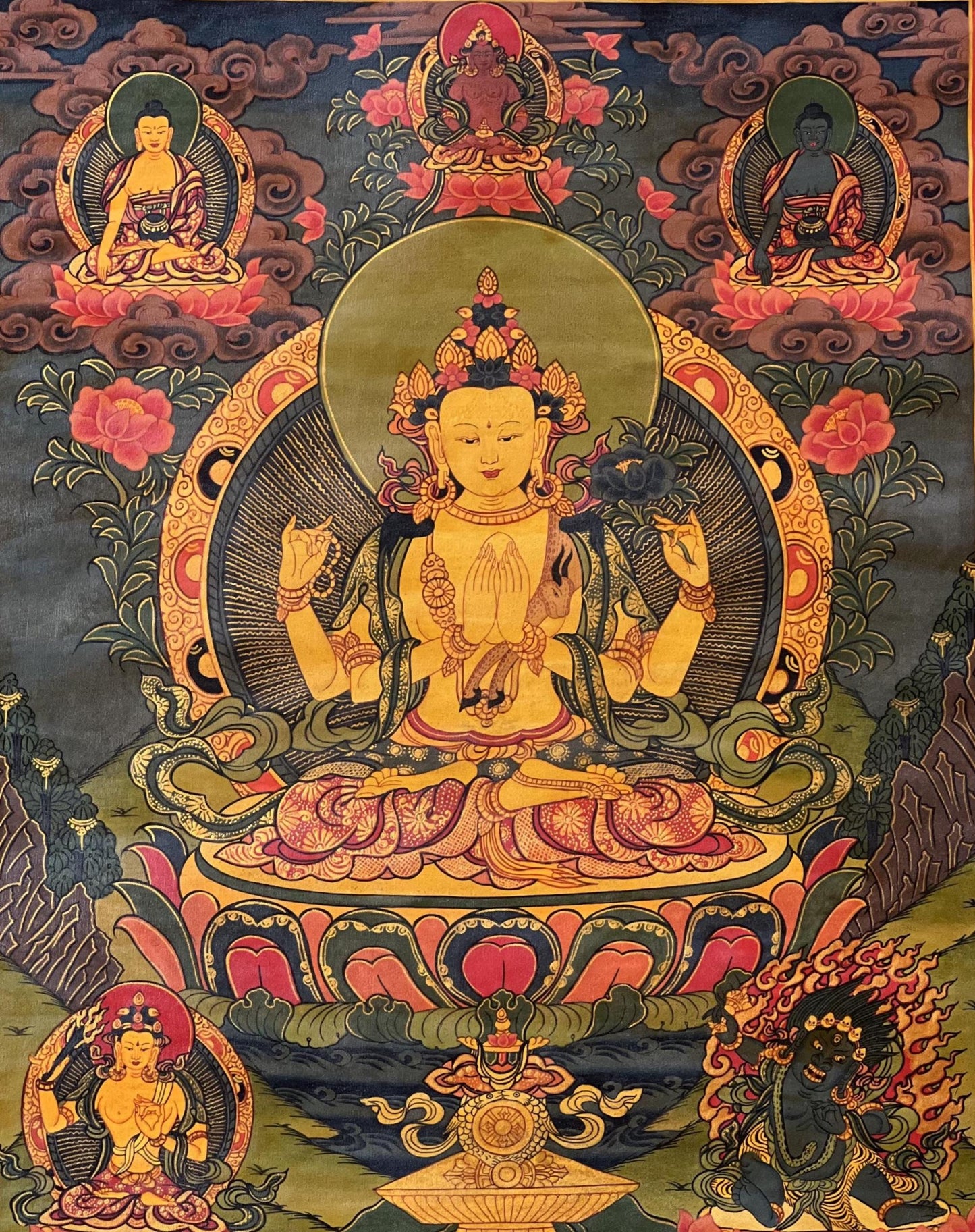 Hand-Painted Chenrezig Thangka: Tibetan Compassion Buddha Canvas Art