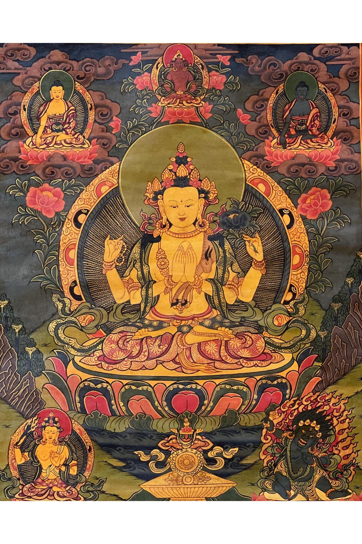 Hand-Painted Chenrezig Thangka: Tibetan Compassion Buddha Canvas Art