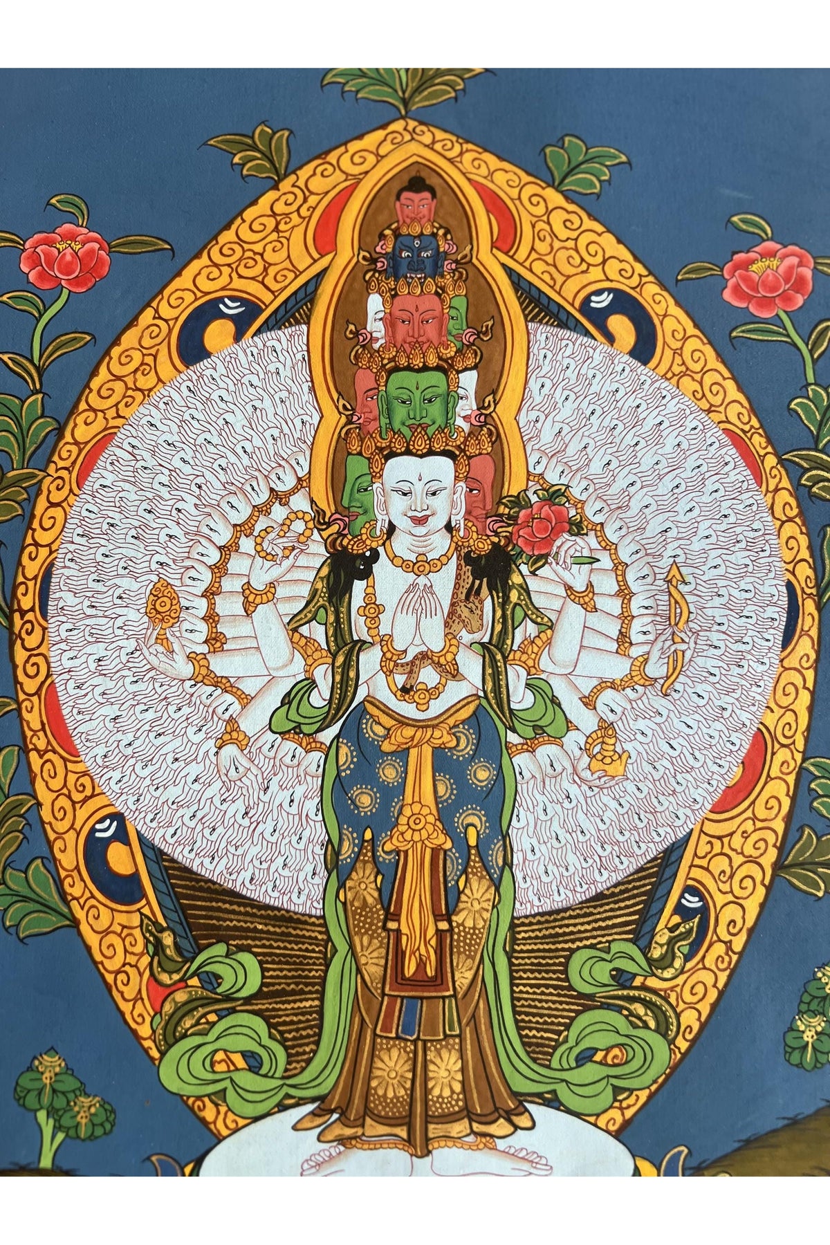 Hand-painted Avalokiteshvara Thangka with Silk Brocade