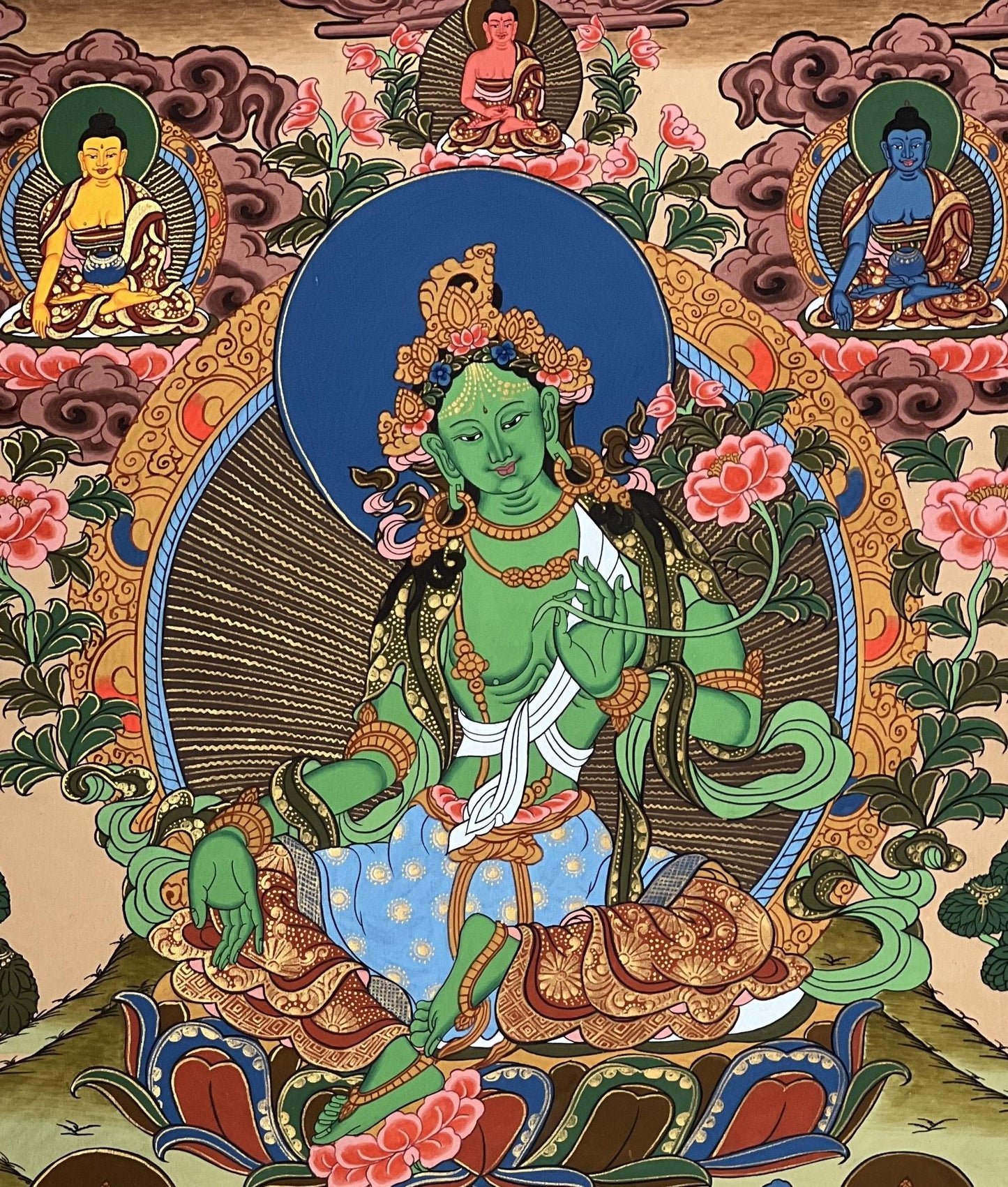 Hand-Painted Green Tara Thangka Painting, Tibetan Buddhist Art