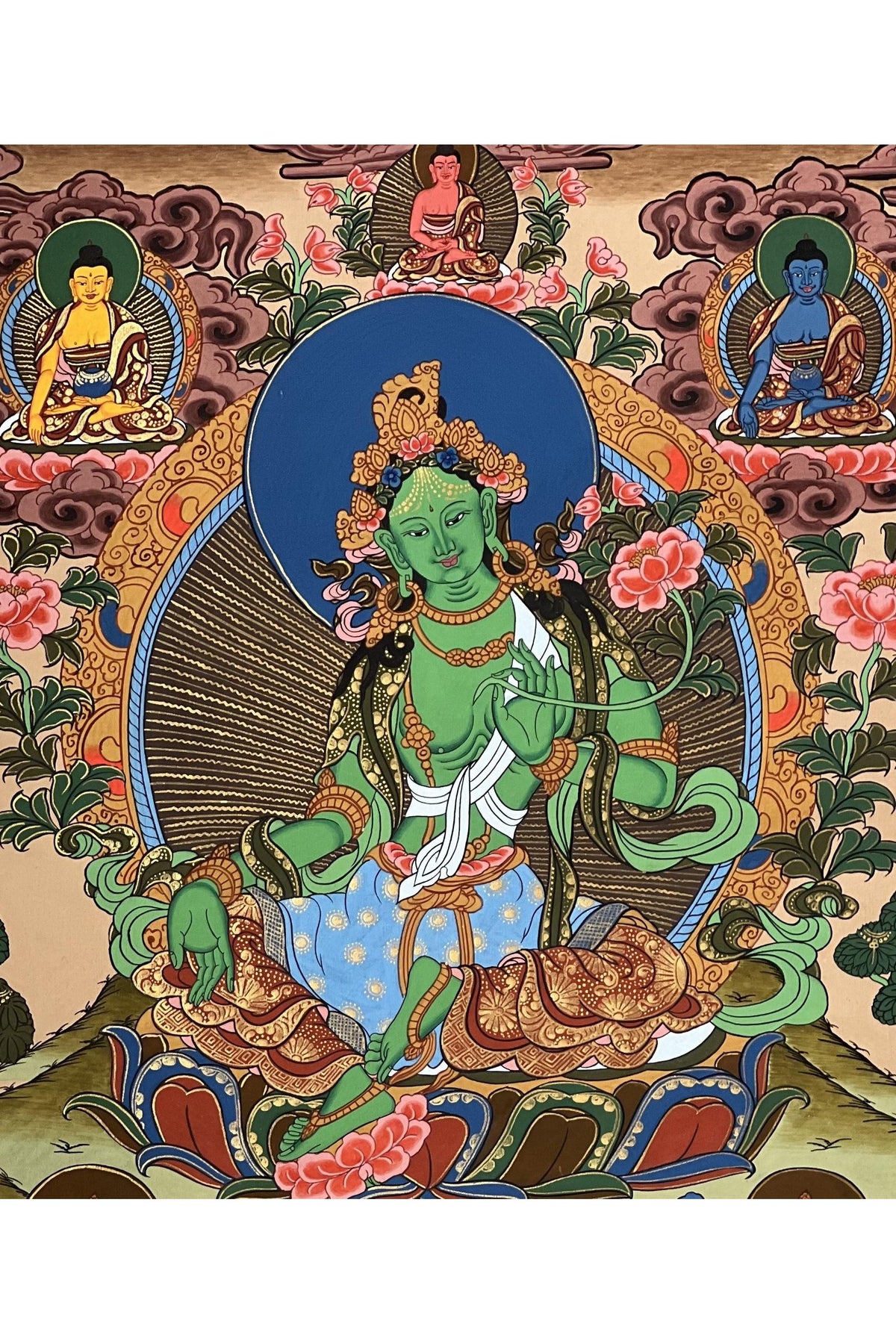 Hand-Painted Green Tara Thangka Painting, Tibetan Buddhist Art