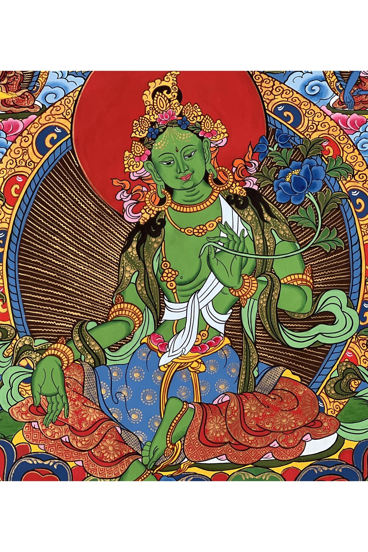 Green Tara Thangka with Buddhas & Bodhisattvas | Hand-Painted Tibetan Silk Brocade Art