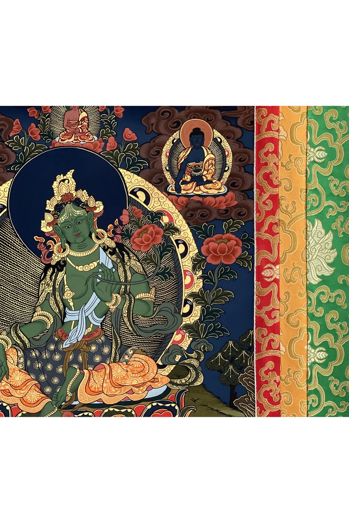 Hand-Painted Green Tara Thangka – Tibetan Buddhist Art with Silk Brocade